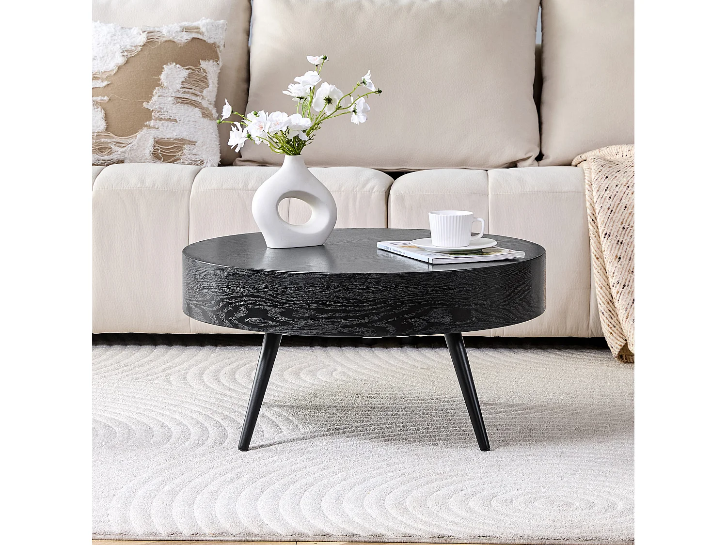 Table basse ronde 70 cm avec pieds réglables MDF aspect bois noir et métal noir