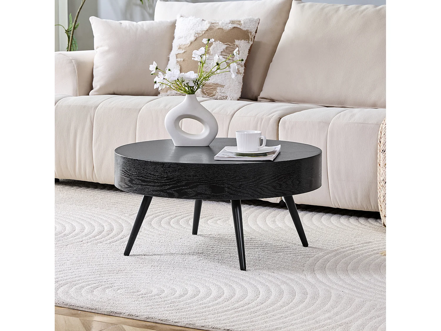 Table basse ronde 70 cm avec pieds réglables MDF aspect bois noir et métal noir
