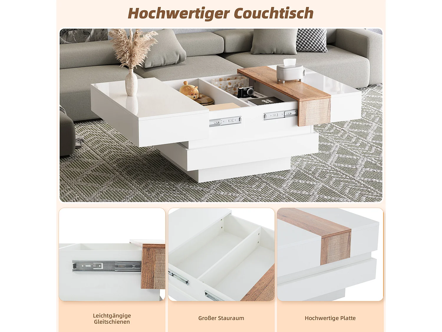 Table basse 70/70/39 cm avec plateau coulissant et rangement dissimulé Panneaux de particules blanc et bois naturel