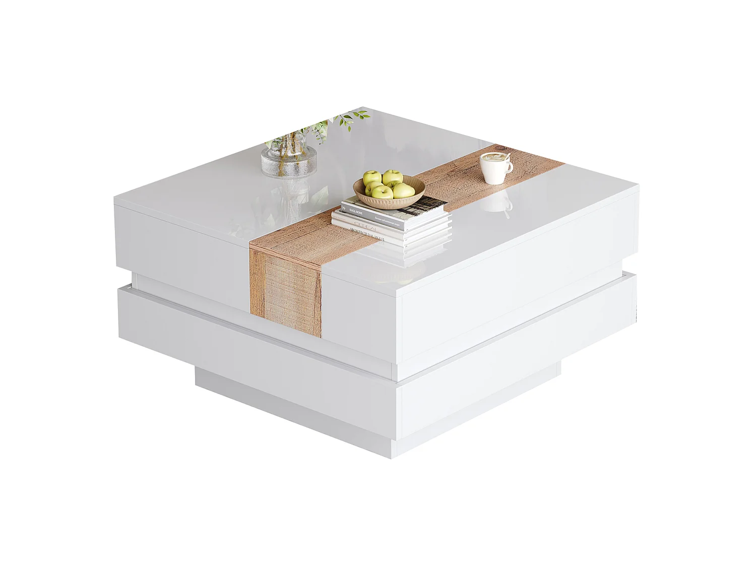 Table basse 70/70/39 cm avec plateau coulissant et rangement dissimulé Panneaux de particules blanc et bois naturel