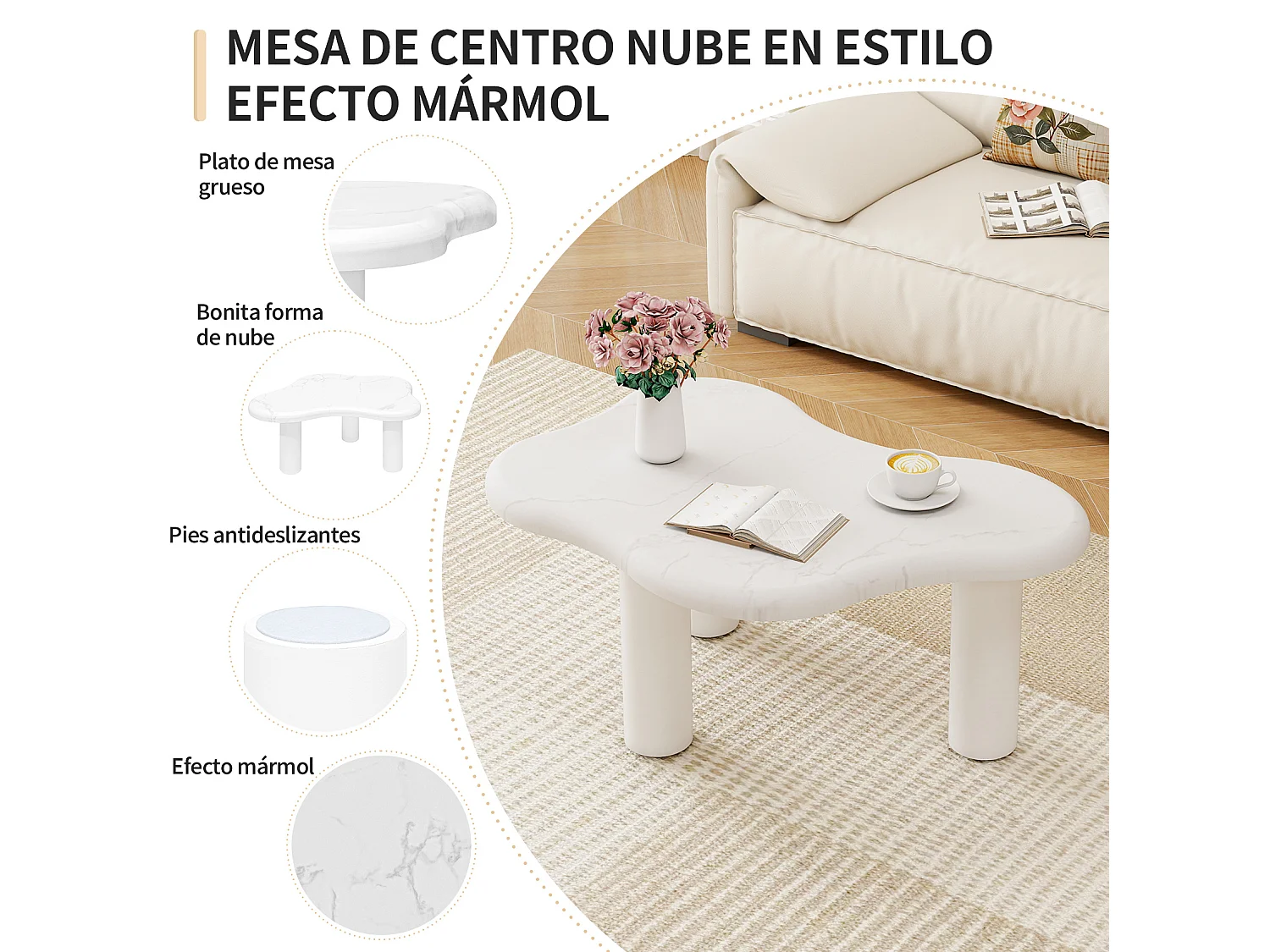 Table basse nuage avec angle arrondi et pieds en bois massif Blanc panneau de particules