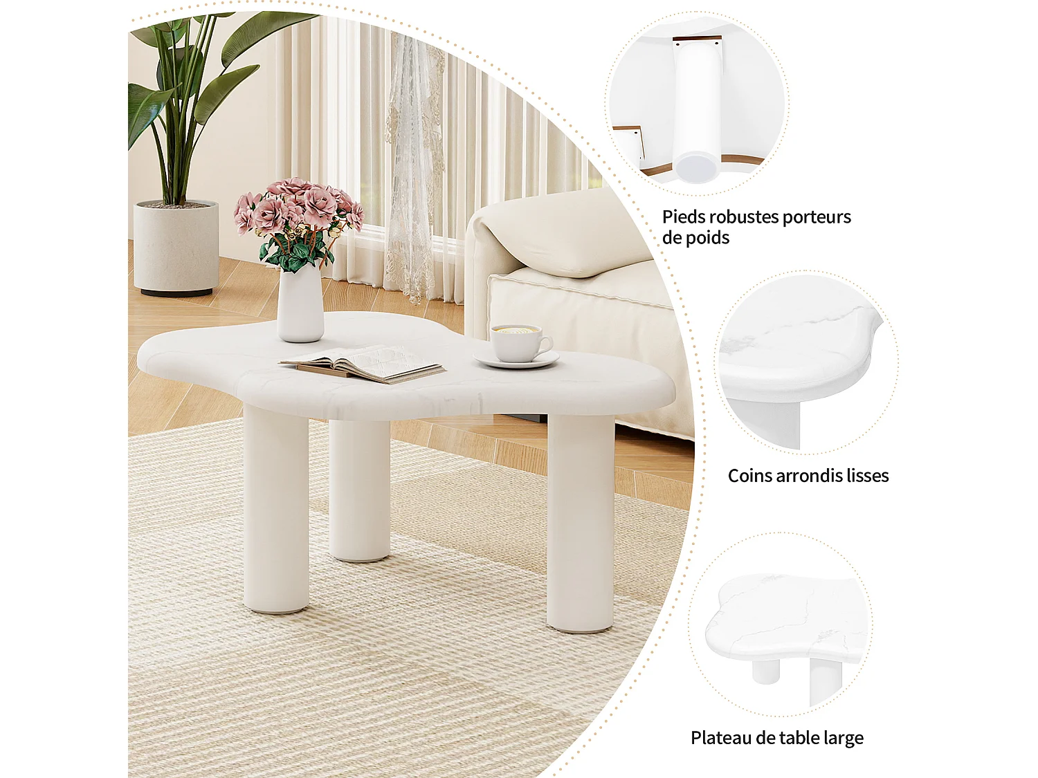 Table basse nuage avec angle arrondi et pieds en bois massif Blanc panneau de particules