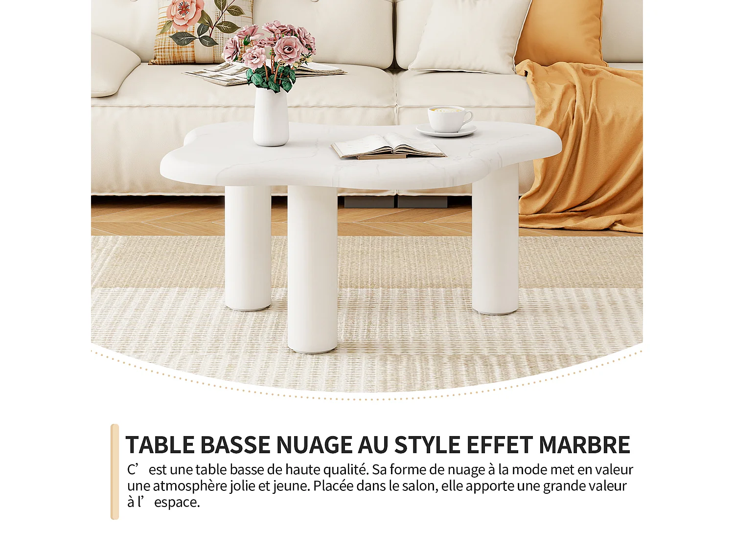 Table basse nuage avec angle arrondi et pieds en bois massif Blanc panneau de particules
