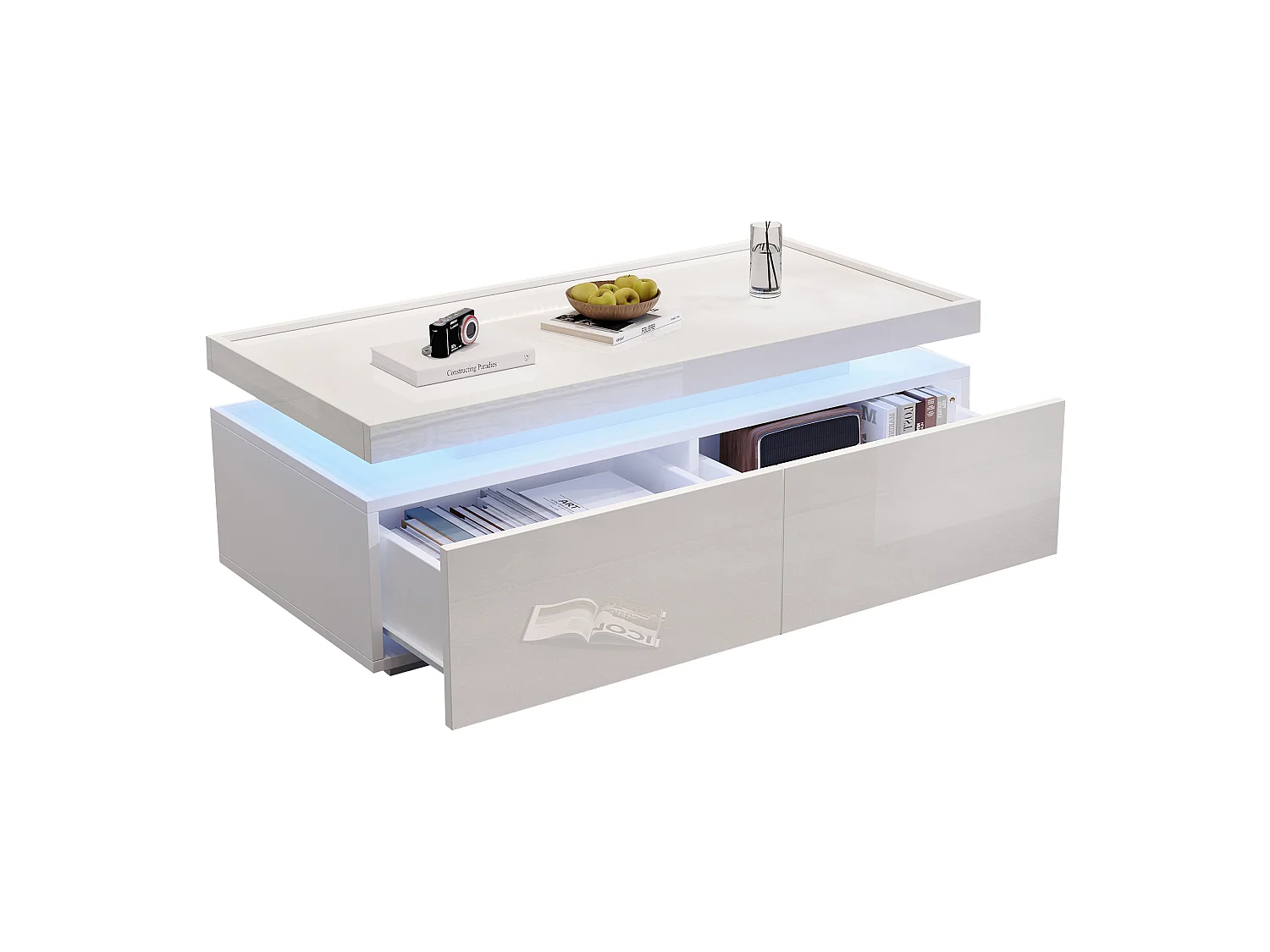 Tavolino da salotto in truciolato bianco lucido 95 x 45 x 35 cm con LED e 2 cassetti