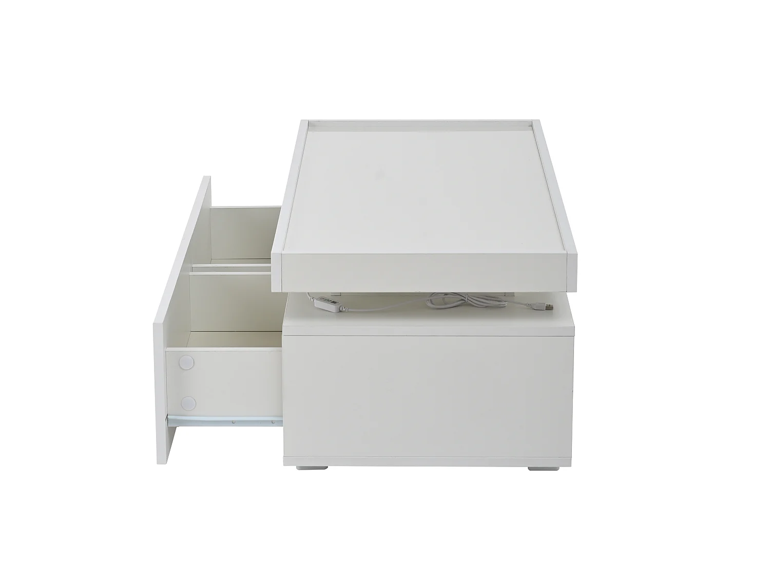 Tavolino da salotto in truciolato bianco lucido 95 x 45 x 35 cm con LED e 2 cassetti