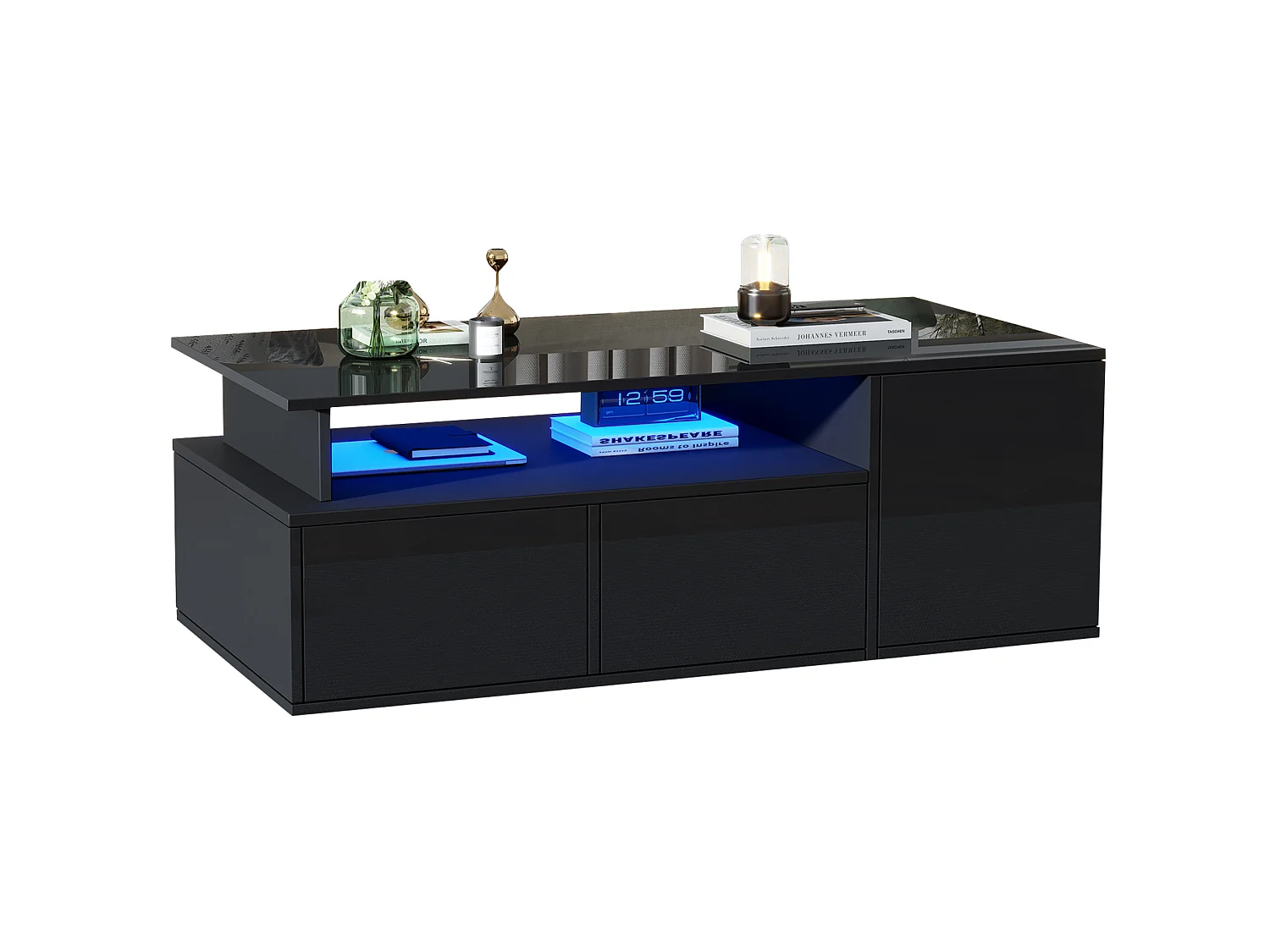 Tavolino da salotto in truciolato nero lucido 100 x 50 x 35 cm con LED e 2 cassetti