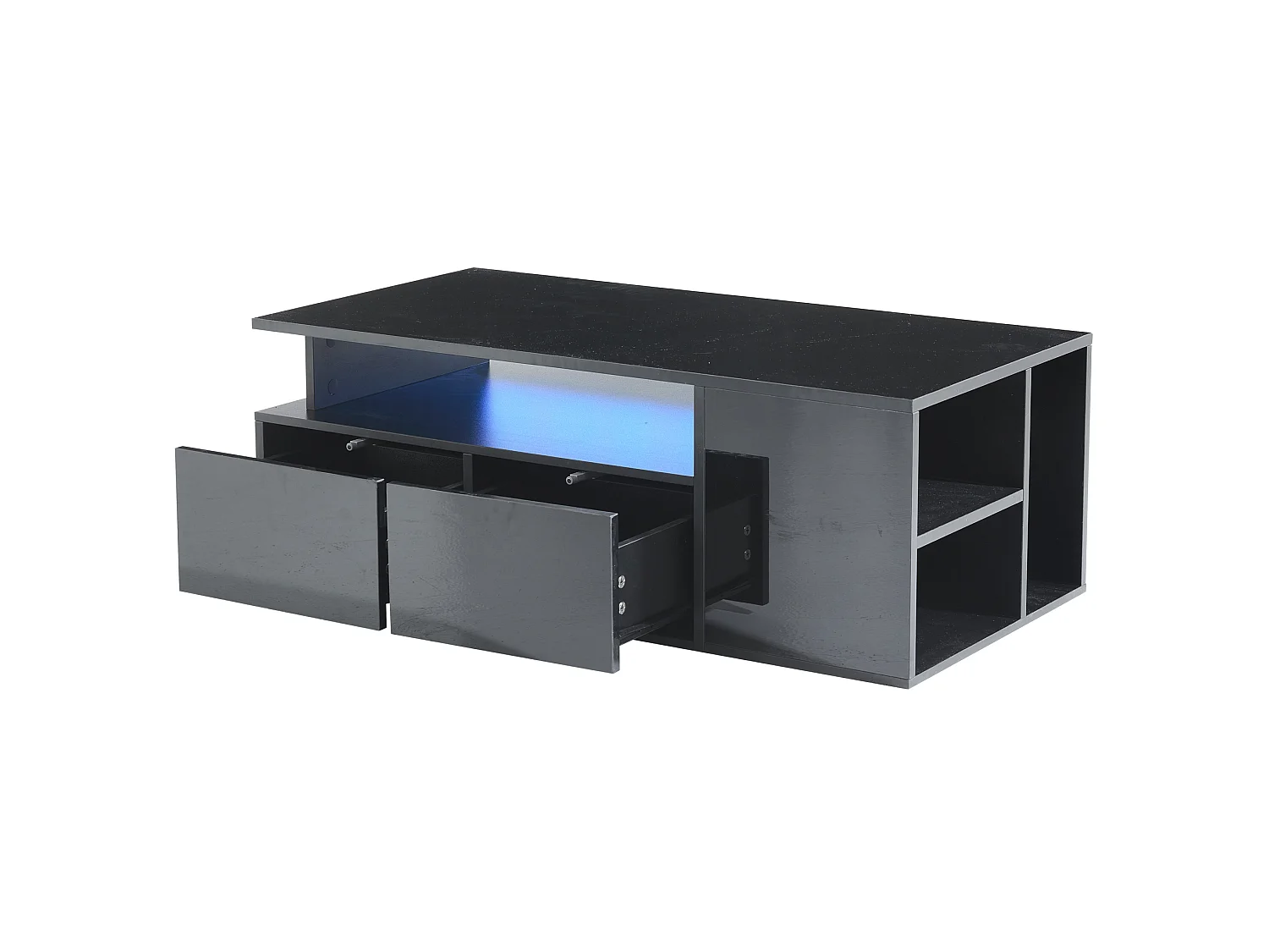 Tavolino da salotto in truciolato nero lucido 100 x 50 x 35 cm con LED e 2 cassetti
