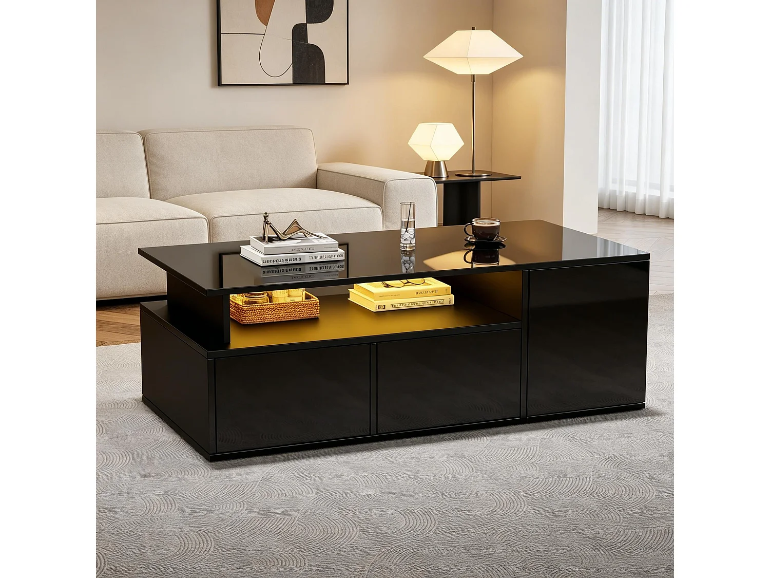 Tavolino da salotto in truciolato nero lucido 100 x 50 x 35 cm con LED e 2 cassetti
