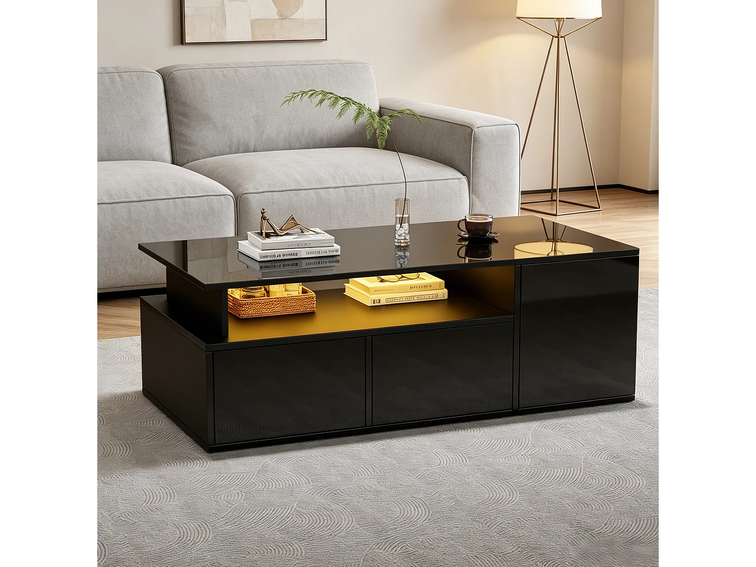 Tavolino da salotto in truciolato nero lucido 100 x 50 x 35 cm con LED e 2 cassetti