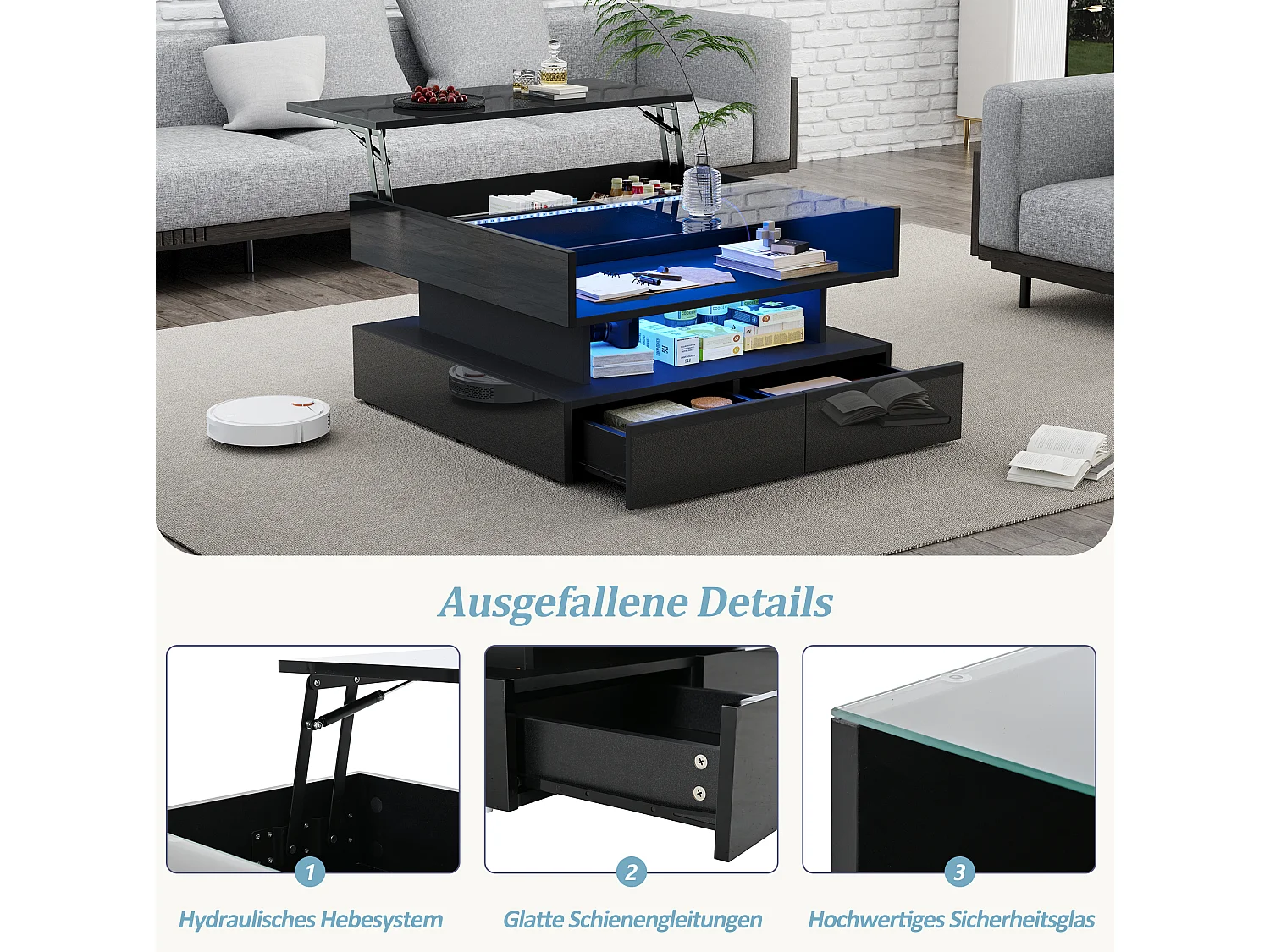 Table basse relevable 80/80/45 cm avec rangement caché, 2 tiroirs, LED et plateau en verre trempé, panneau de particules noir
