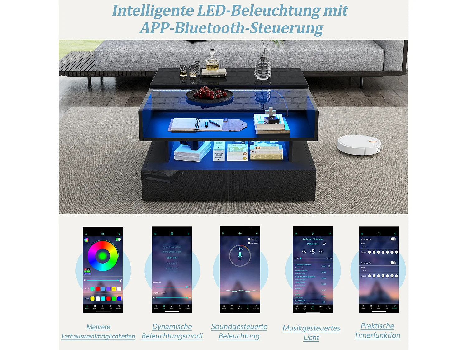 Table basse relevable 80/80/45 cm avec rangement caché, 2 tiroirs, LED et plateau en verre trempé, panneau de particules noir