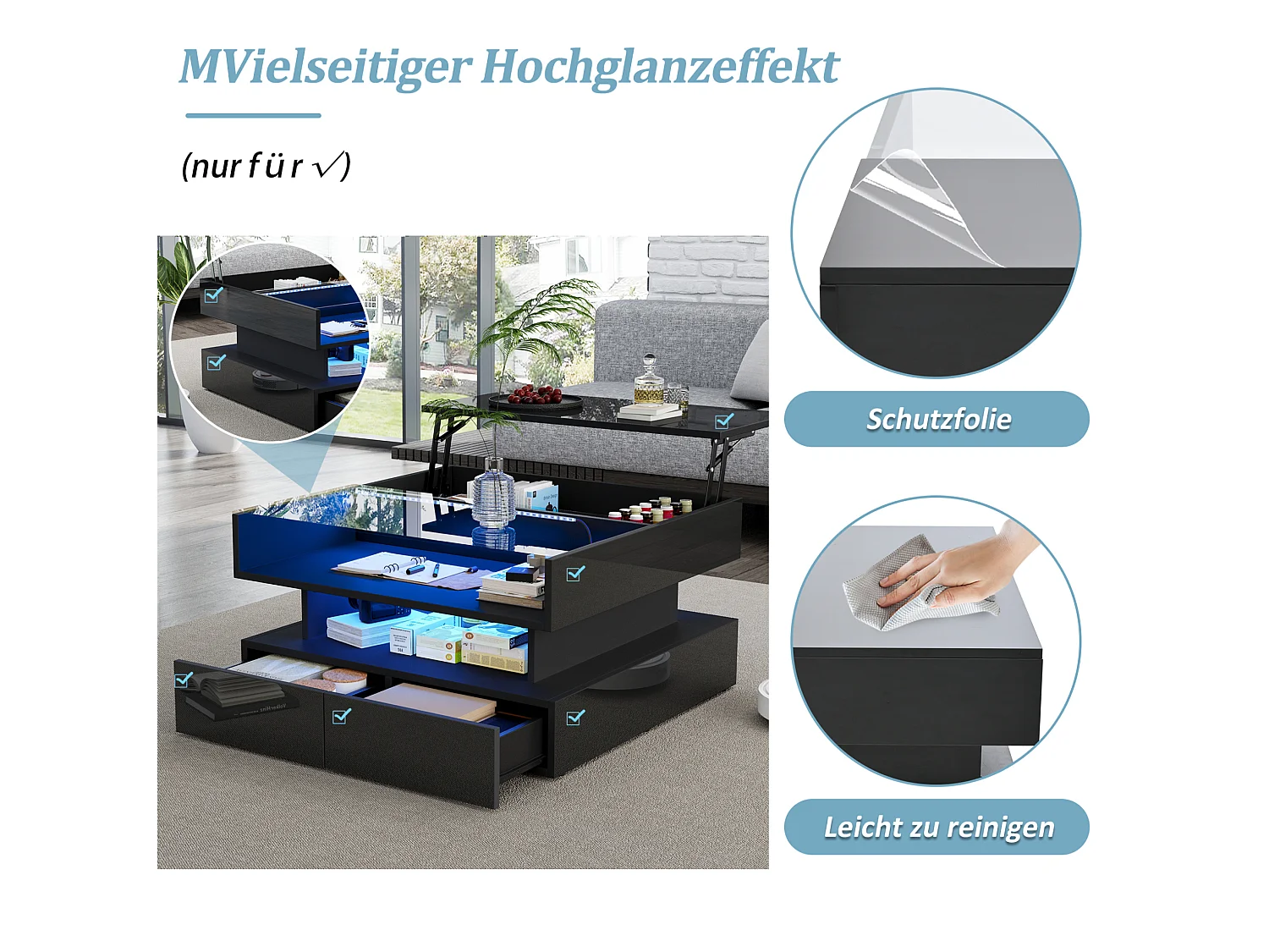 Table basse relevable 80/80/45 cm avec rangement caché, 2 tiroirs, LED et plateau en verre trempé, panneau de particules noir