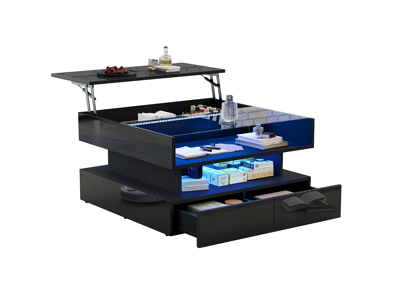 Table basse relevable 80/80/45 cm avec rangement caché, 2 tiroirs, LED et plateau en verre trempé, panneau de particules noir