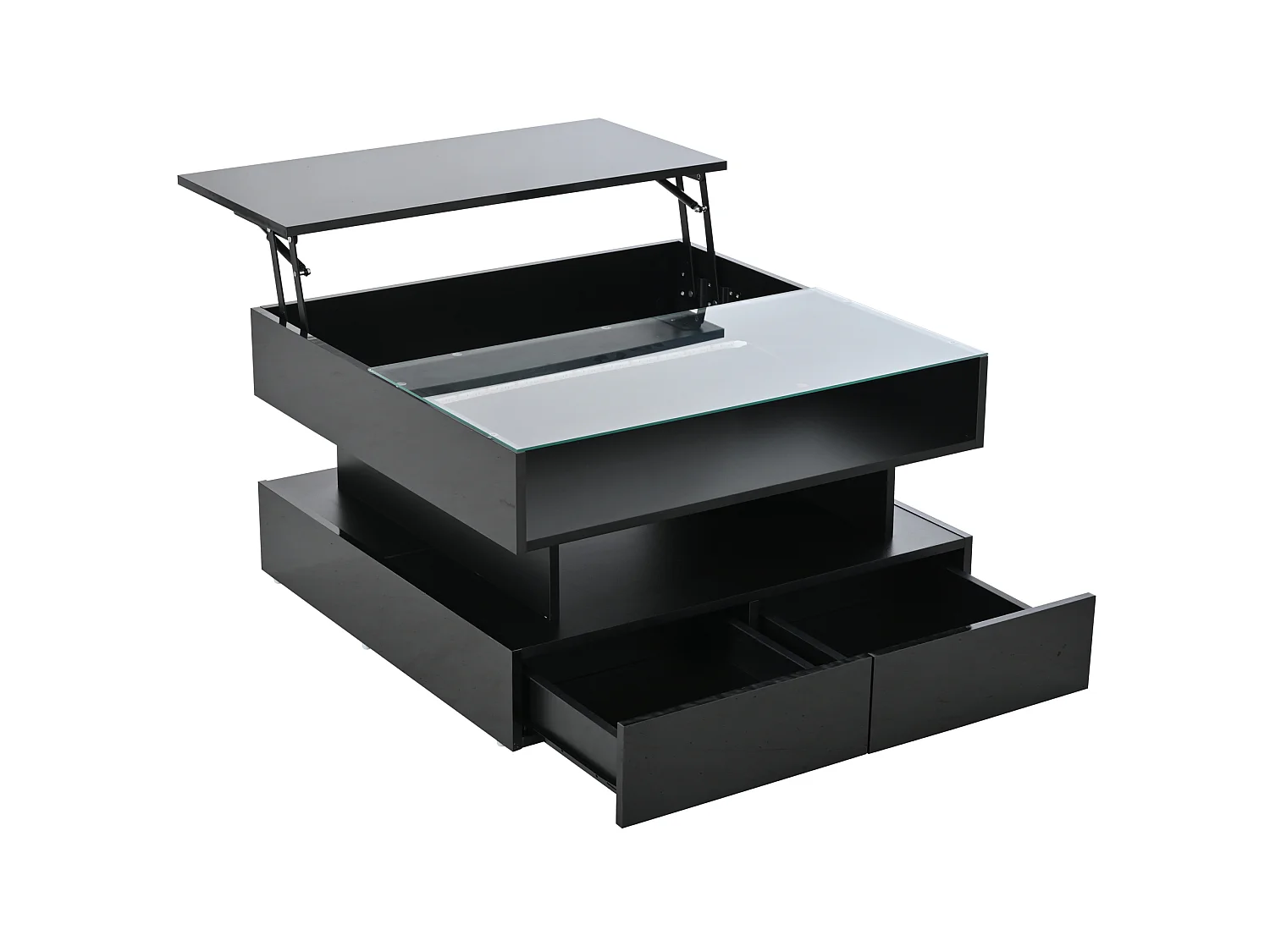 Table basse relevable 80/80/45 cm avec rangement caché, 2 tiroirs, LED et plateau en verre trempé, panneau de particules noir