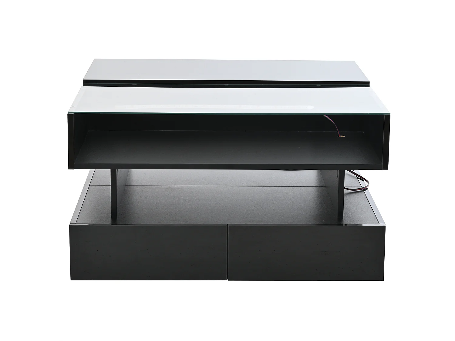 Table basse relevable 80/80/45 cm avec rangement caché, 2 tiroirs, LED et plateau en verre trempé, panneau de particules noir