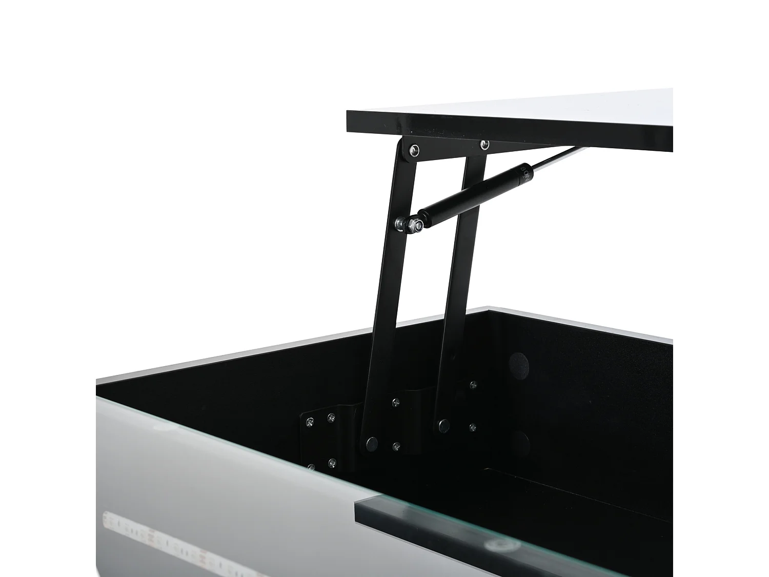 Table basse relevable 80/80/45 cm avec rangement caché, 2 tiroirs, LED et plateau en verre trempé, panneau de particules noir