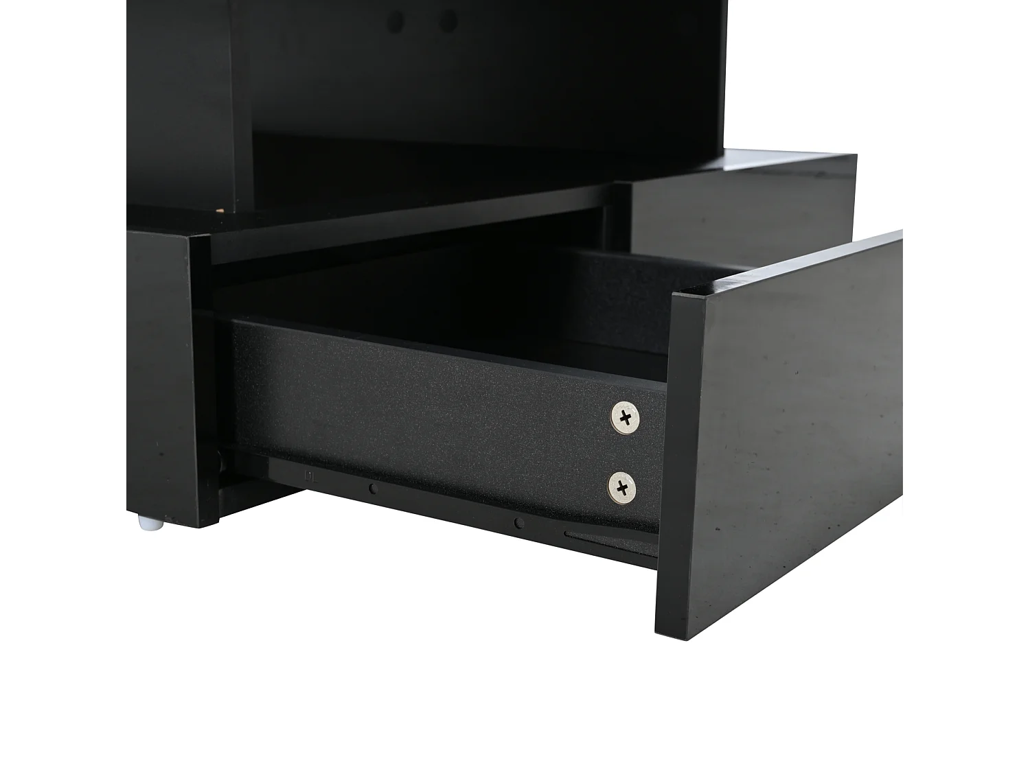 Table basse relevable 80/80/45 cm avec rangement caché, 2 tiroirs, LED et plateau en verre trempé, panneau de particules noir