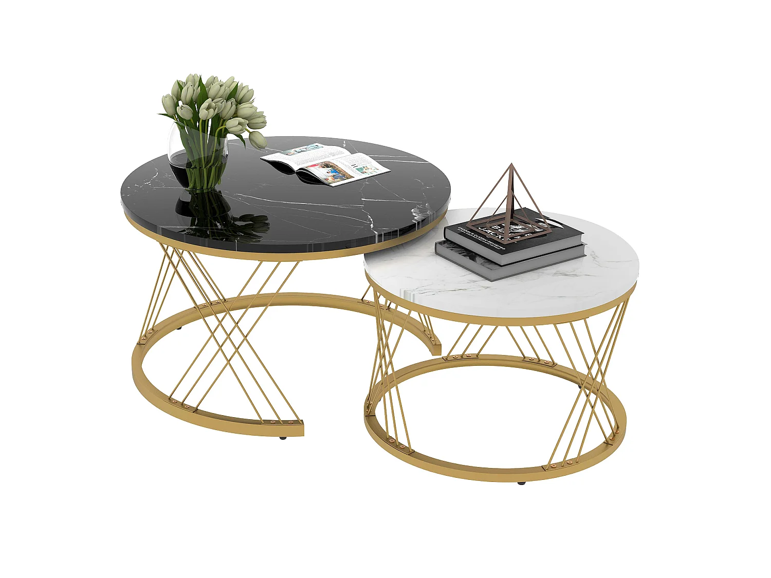 Table basse gigogne 70/70/45 cm avec table d'appoint 45/45/40 cm structure métallique MDF noir Ensemble 2 pièces