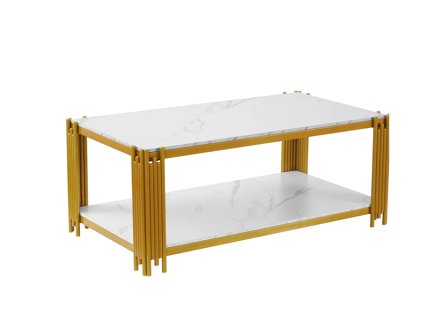 Mesa de centro rectangular de MDF y metal blanca y dorada con 2 estantes