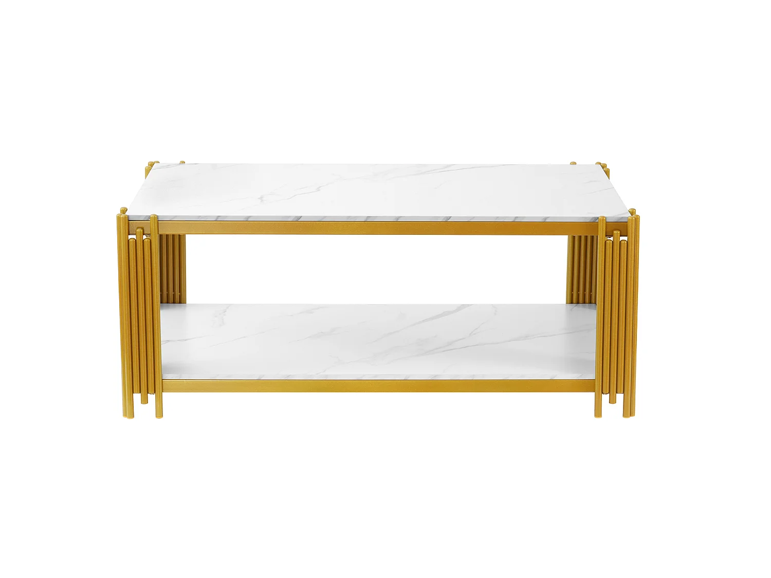 Mesa de centro rectangular de MDF y metal blanca y dorada con 2 estantes