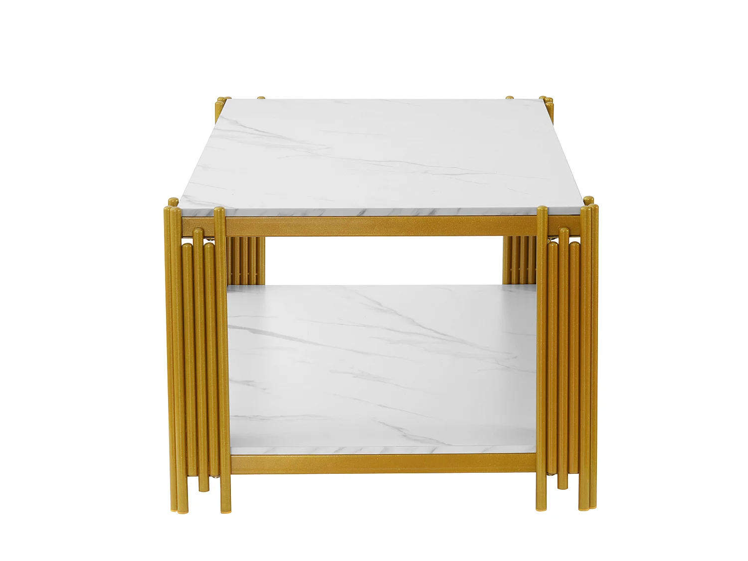 Mesa de centro rectangular de MDF y metal blanca y dorada con 2 estantes