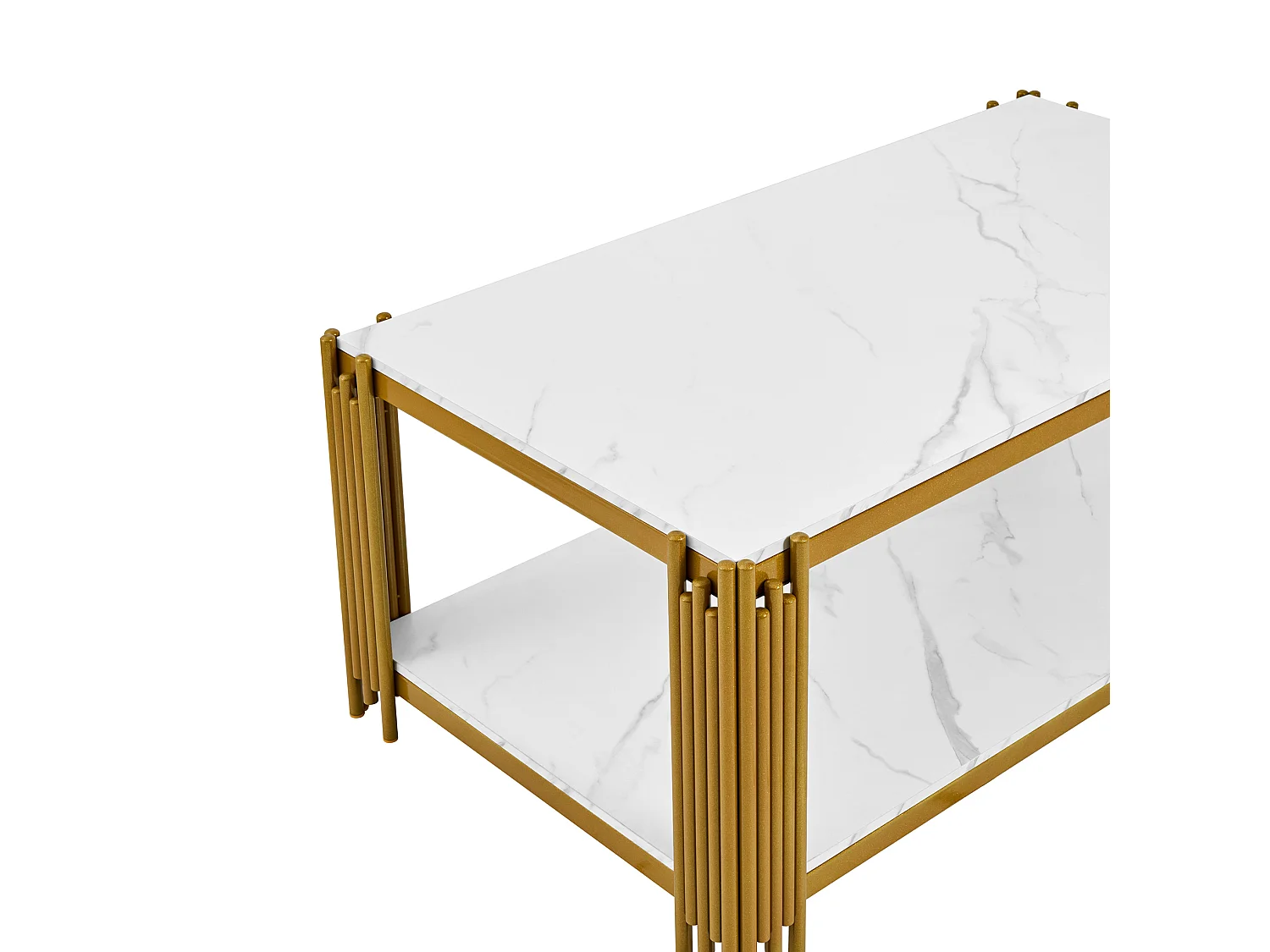 Mesa de centro rectangular de MDF y metal blanca y dorada con 2 estantes