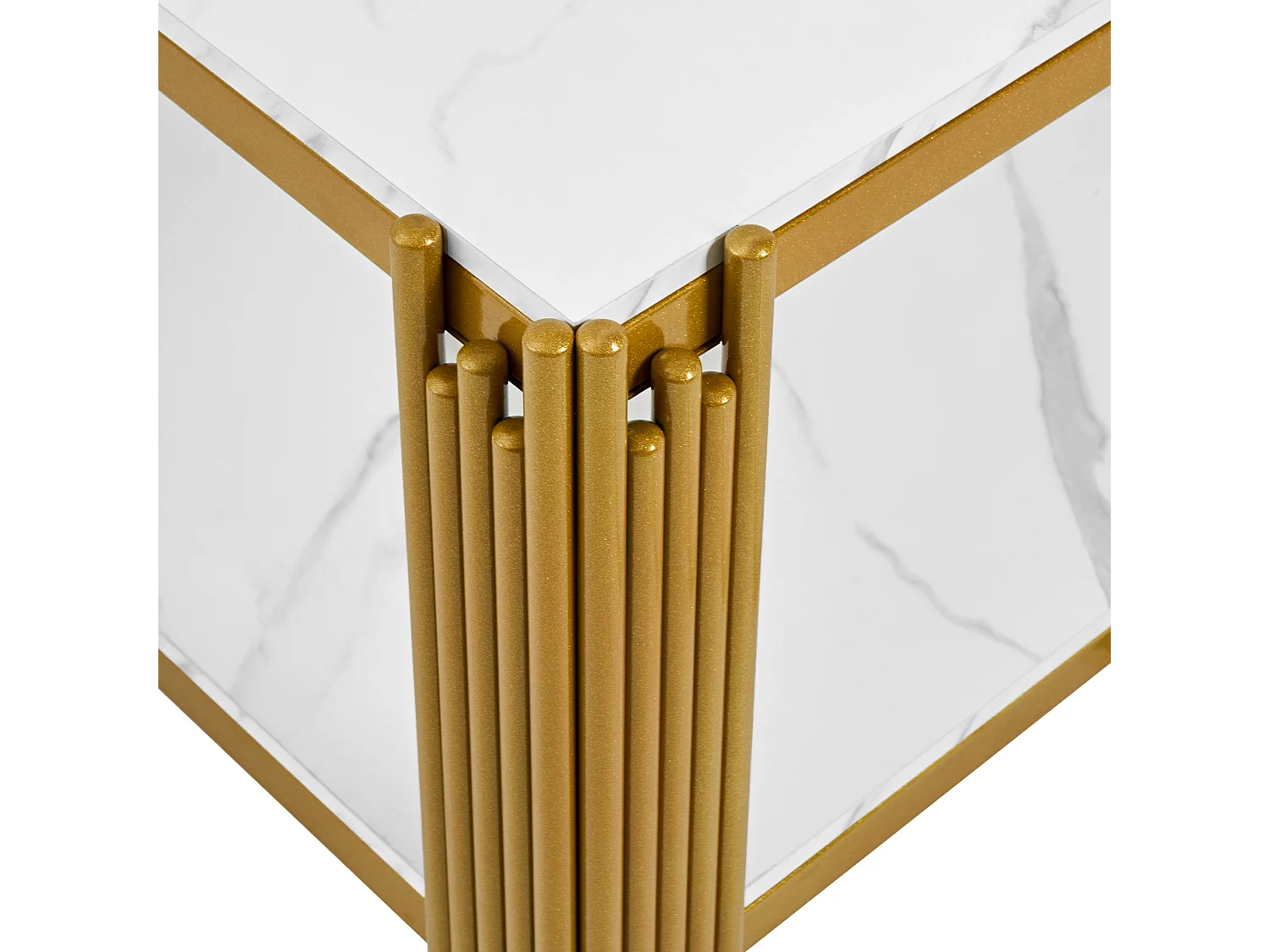Mesa de centro rectangular de MDF y metal blanca y dorada con 2 estantes