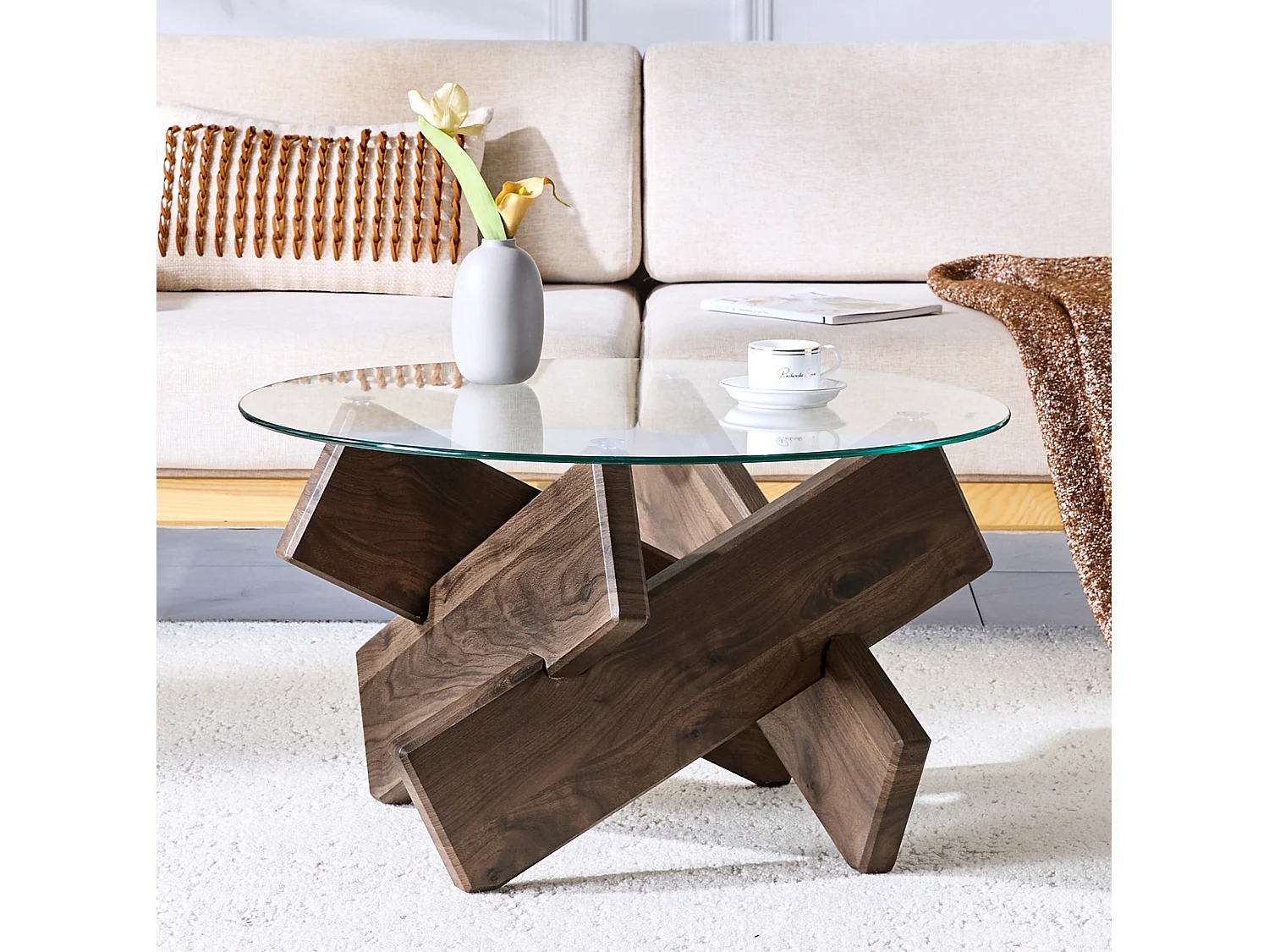 Table basse ronde 79/45 cm avec plateau en verre trempé et base croisée MDF noyer et transparent