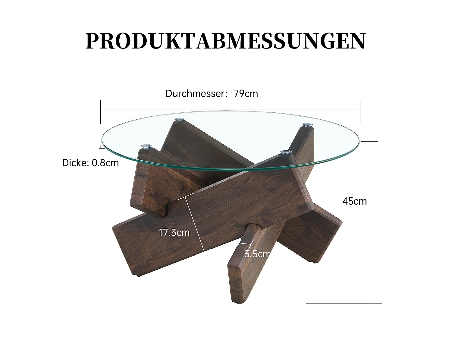 Table basse ronde 79/45 cm avec plateau en verre trempé et base croisée MDF noyer et transparent