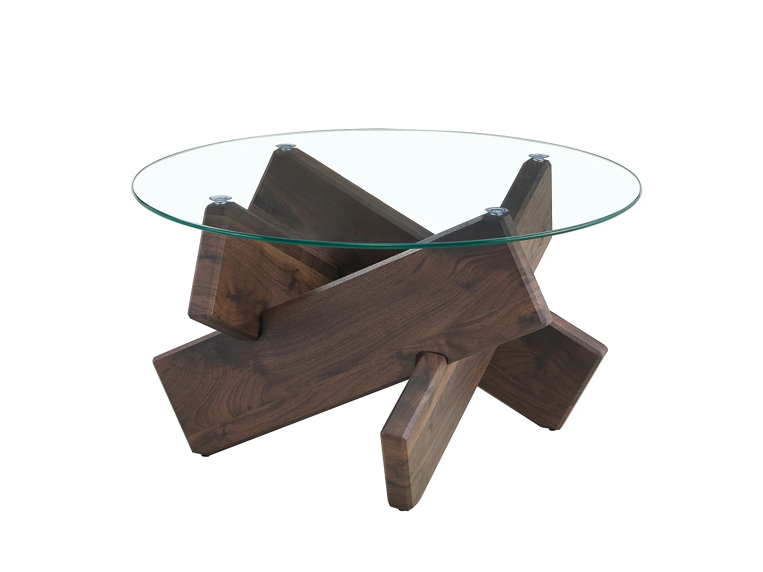 Table basse ronde 79/45 cm avec plateau en verre trempé et base croisée MDF noyer et transparent
