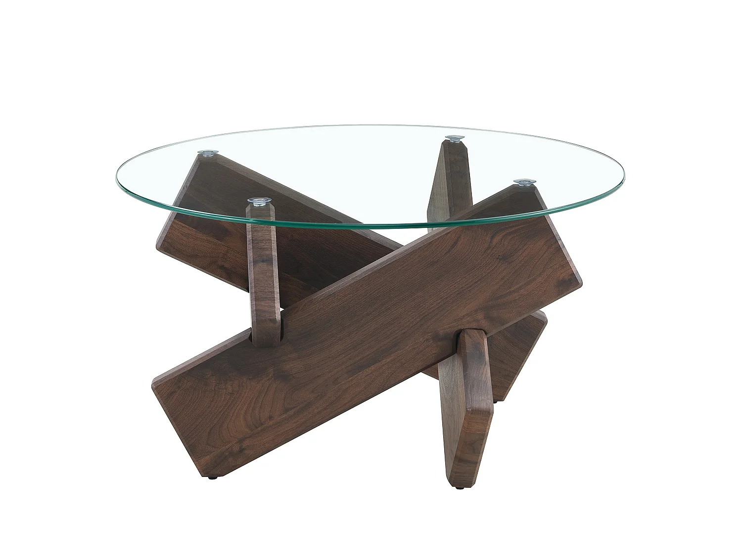 Table basse ronde 79/45 cm avec plateau en verre trempé et base croisée MDF noyer et transparent