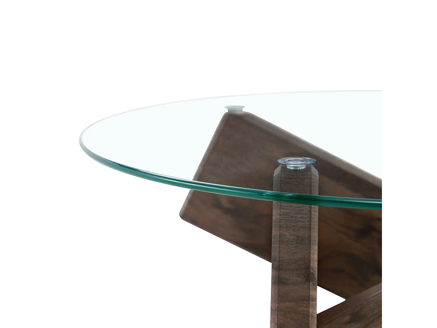 Table basse ronde 79/45 cm avec plateau en verre trempé et base croisée MDF noyer et transparent