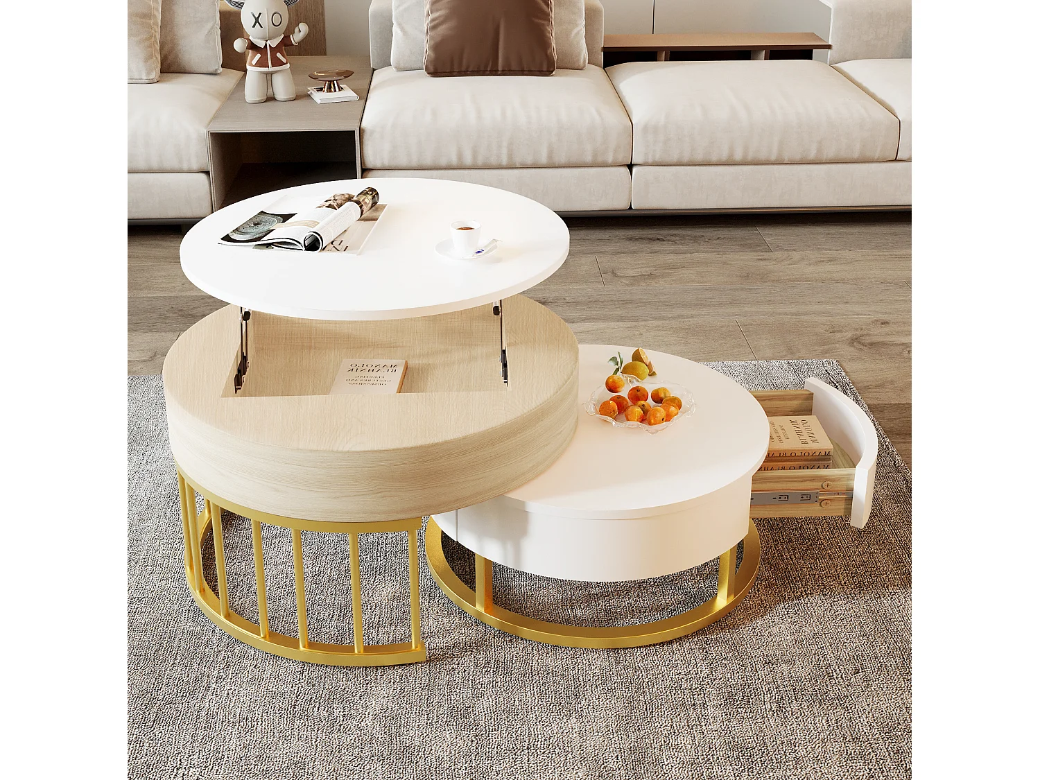 Table basse ronde 70/70/56 cm et 60/60/27 cm avec plateau relevable avec tiroir MDF blanc et doré