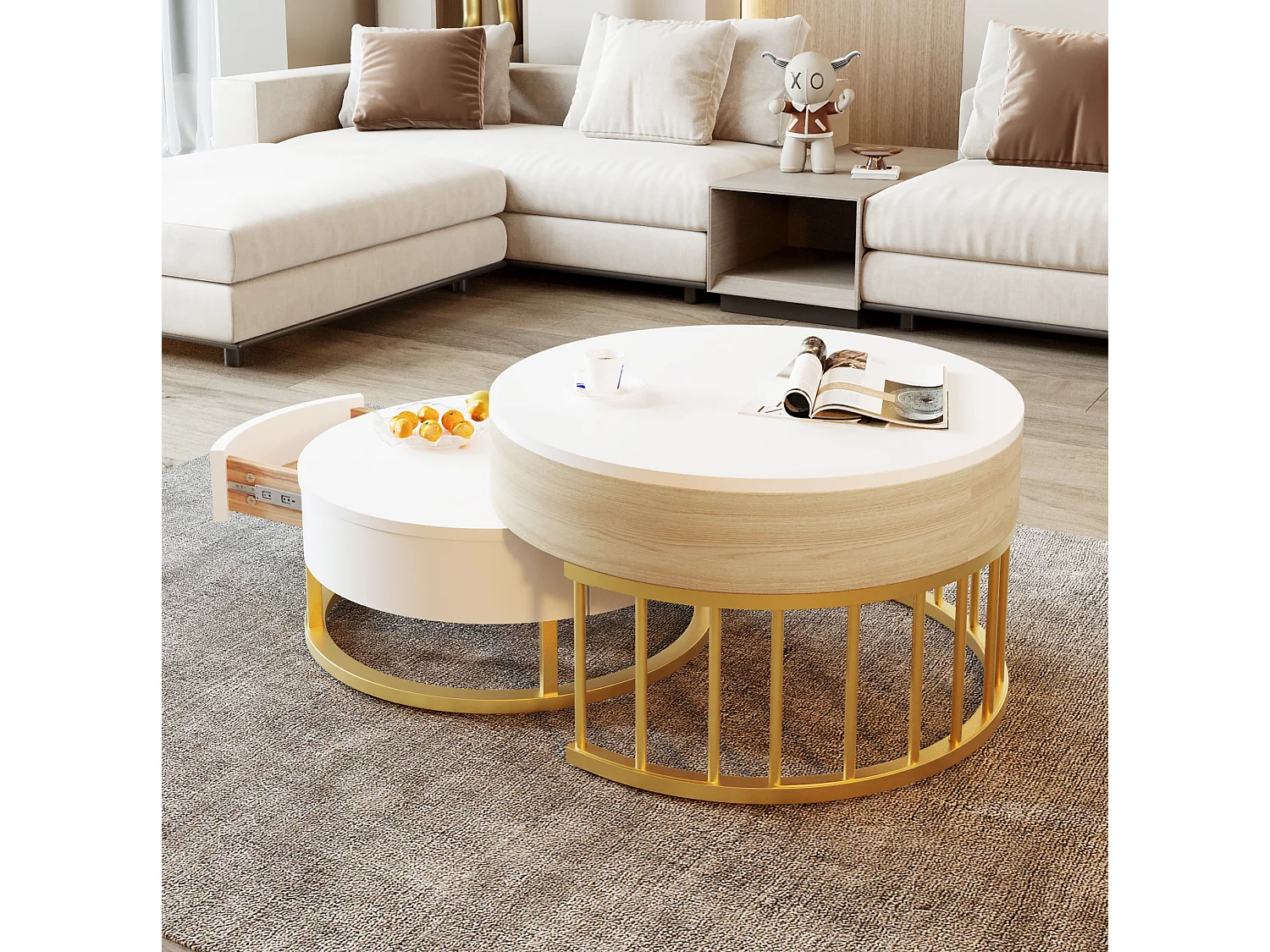 Table basse ronde 70/70/56 cm et 60/60/27 cm avec plateau relevable avec tiroir MDF blanc et doré