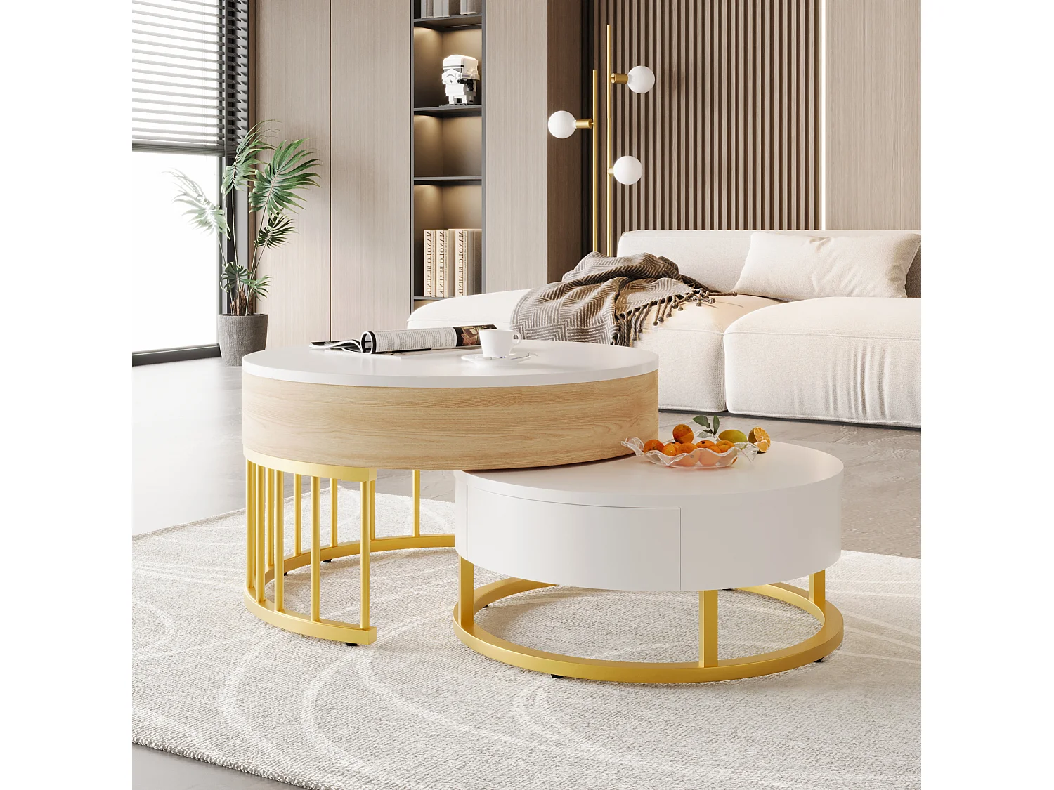 Table basse ronde 70/70/56 cm et 60/60/27 cm avec plateau relevable avec tiroir MDF blanc et doré