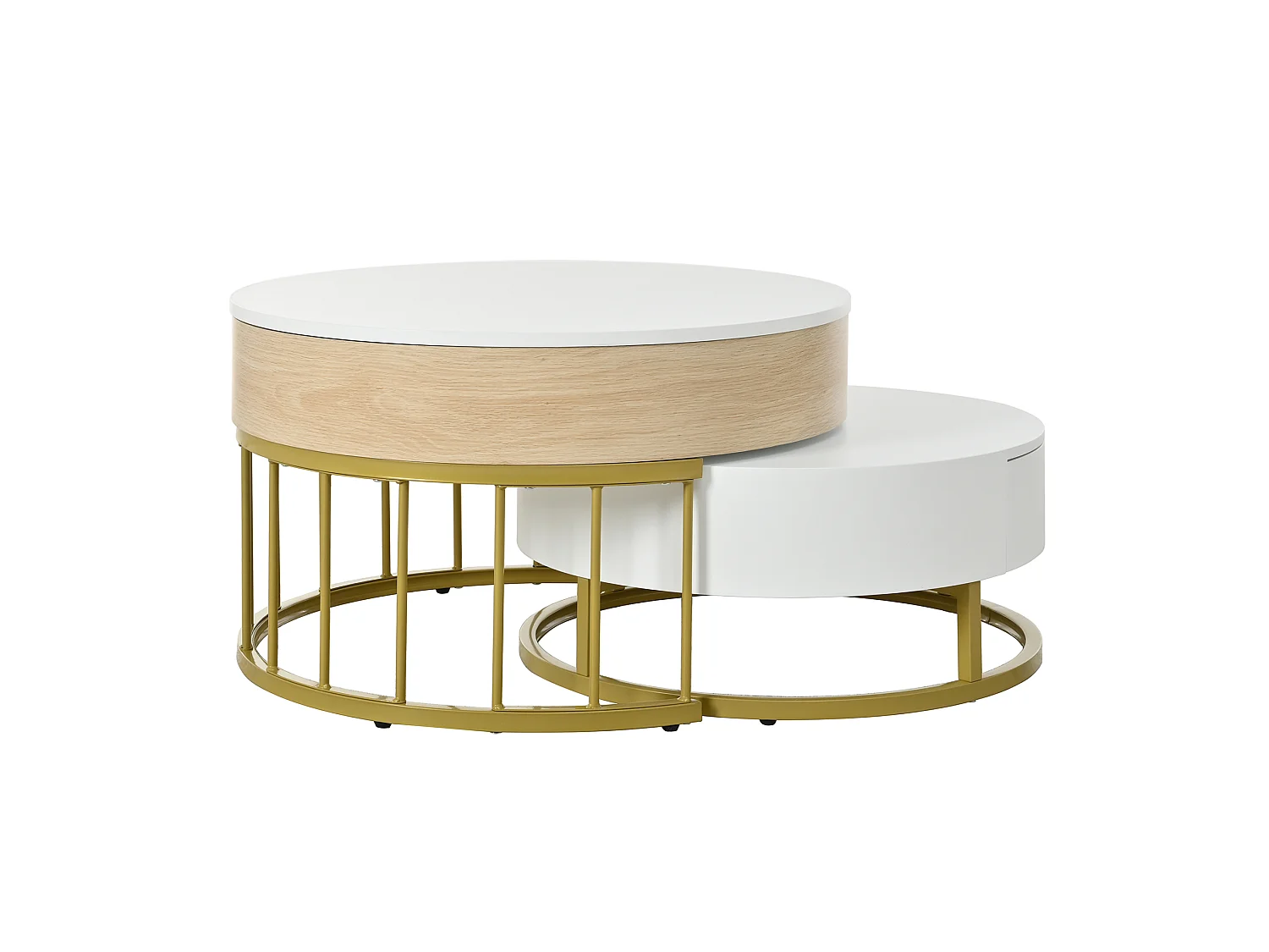 Table basse ronde 70/70/56 cm et 60/60/27 cm avec plateau relevable avec tiroir MDF blanc et doré