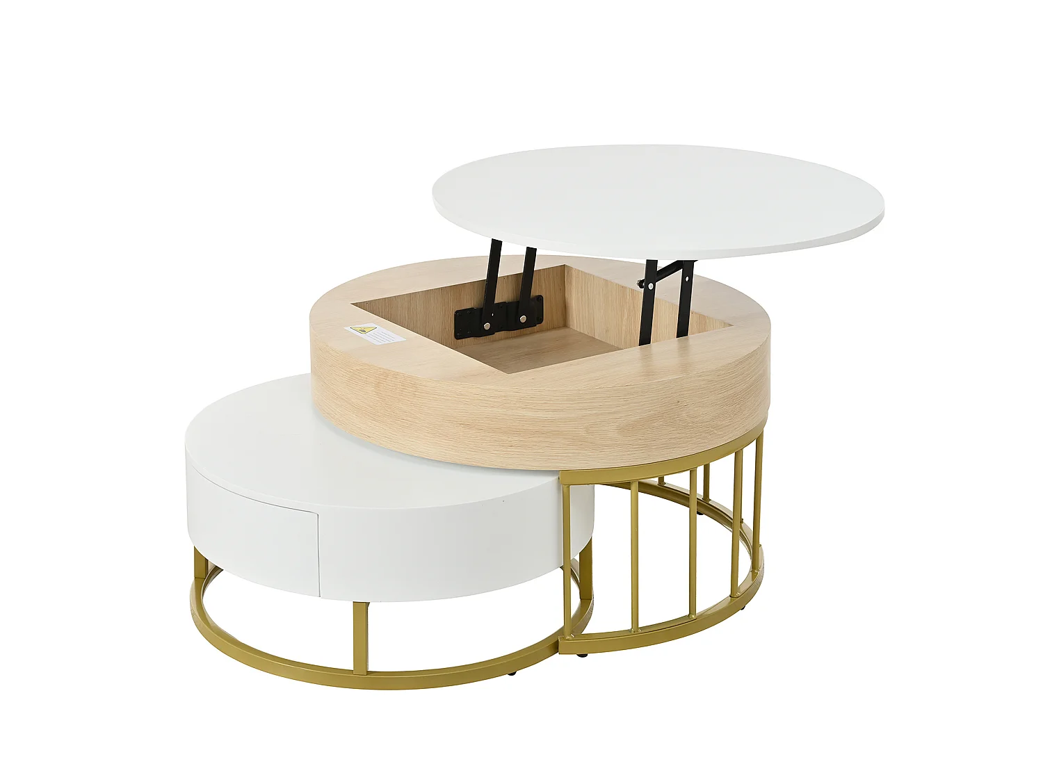 Table basse ronde 70/70/56 cm et 60/60/27 cm avec plateau relevable avec tiroir MDF blanc et doré