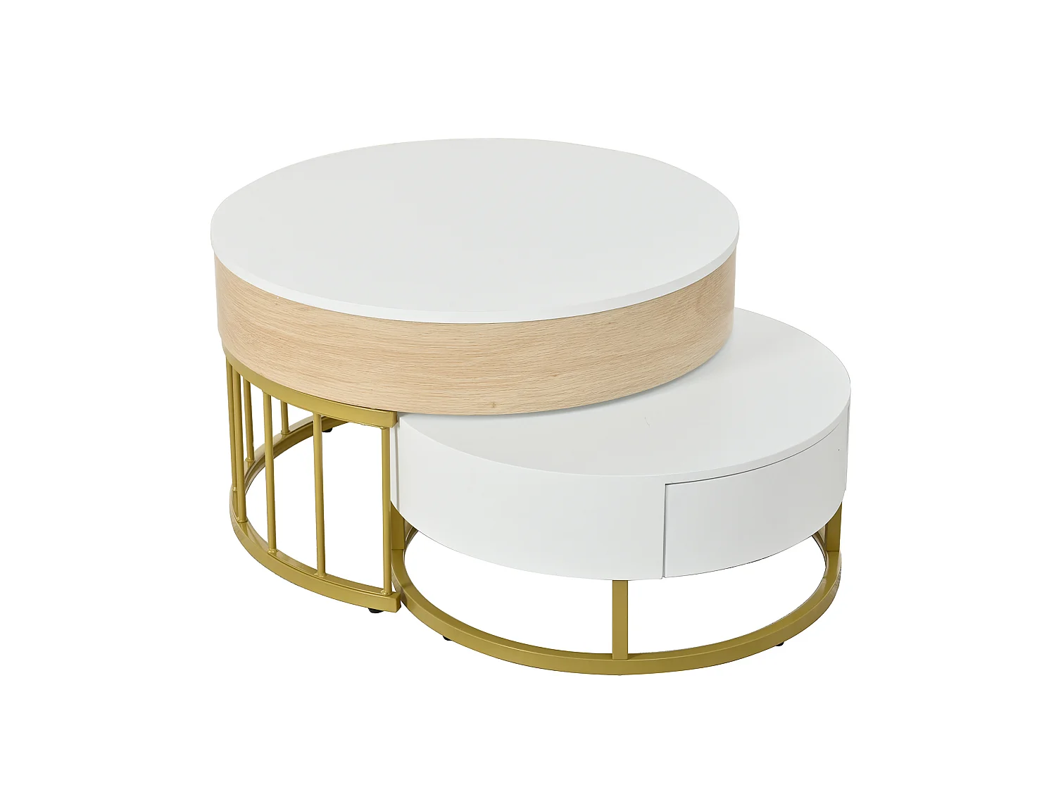 Table basse ronde 70/70/56 cm et 60/60/27 cm avec plateau relevable avec tiroir MDF blanc et doré
