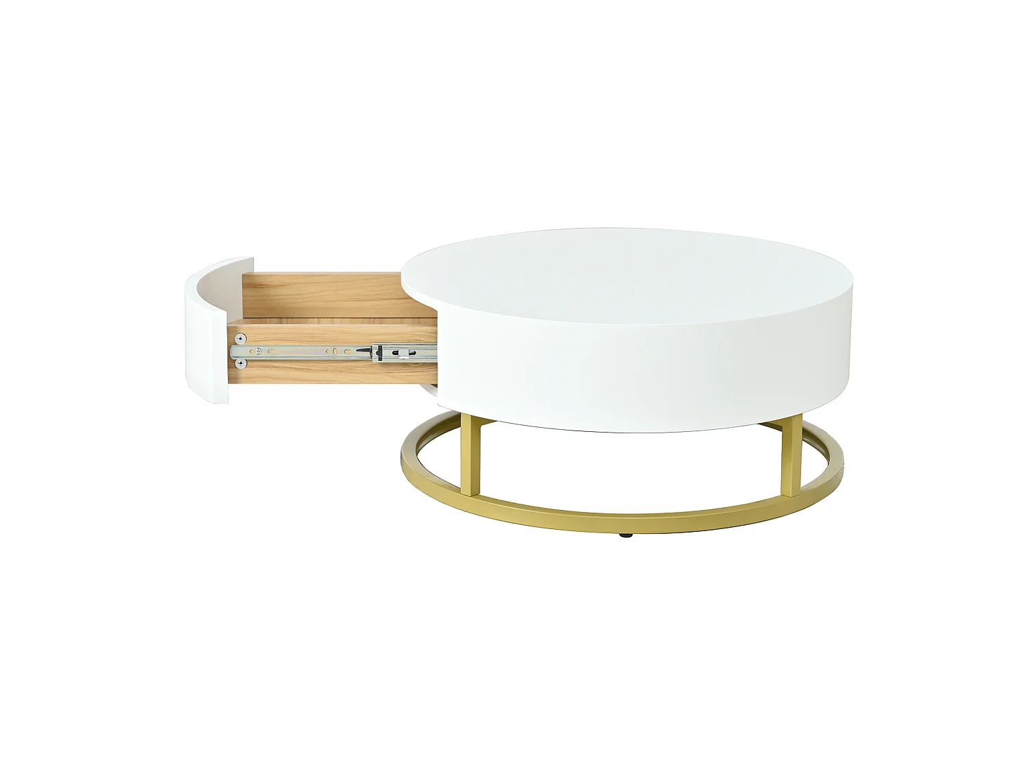 Table basse ronde 70/70/56 cm et 60/60/27 cm avec plateau relevable avec tiroir MDF blanc et doré