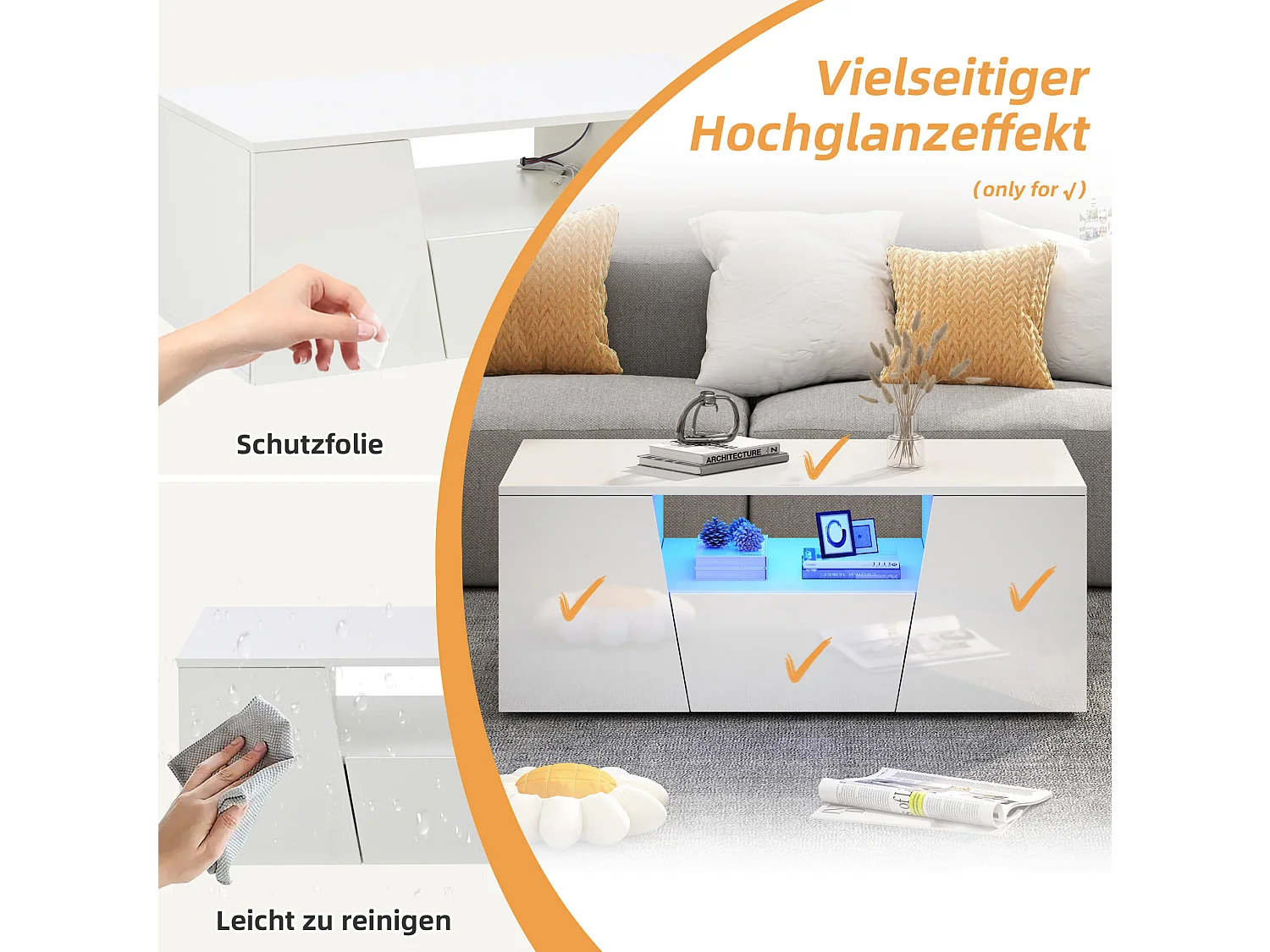Table basse 100/50/40 cm avec éclairage LED, 2 armoires, 1 tiroir, design irrégulier Panneau de particules blanc