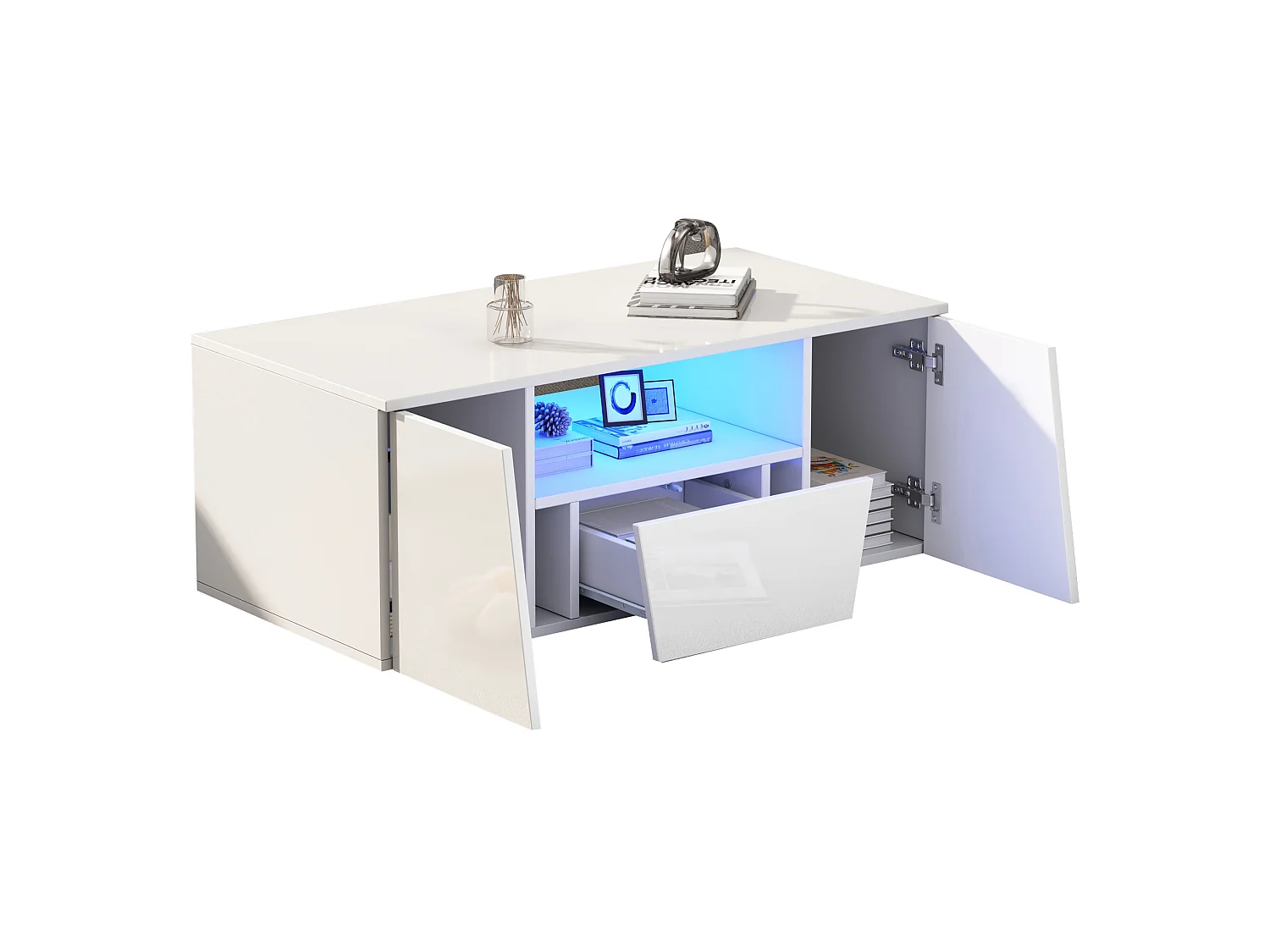 Table basse 100/50/40 cm avec éclairage LED, 2 armoires, 1 tiroir, design irrégulier Panneau de particules blanc