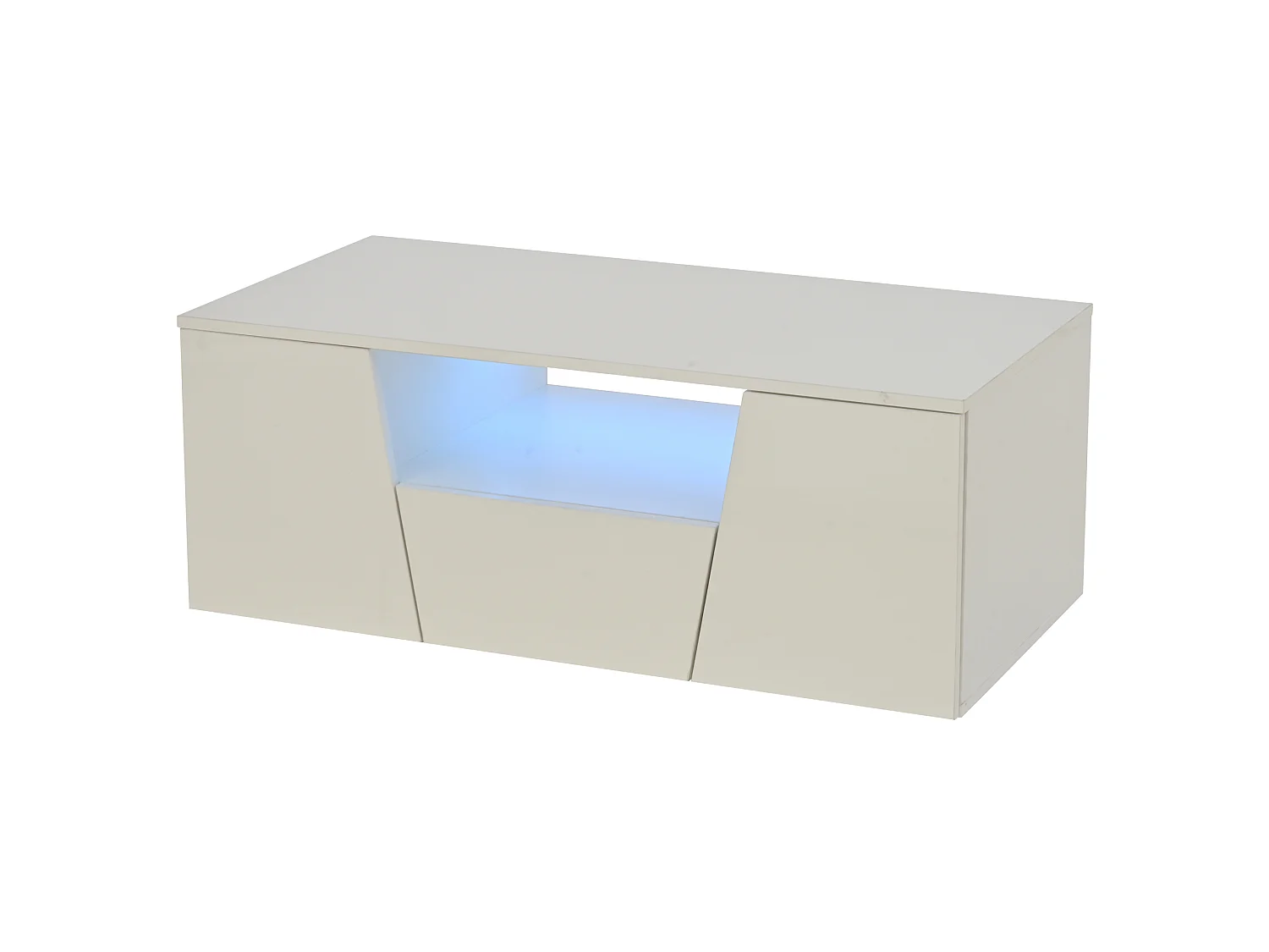 Table basse 100/50/40 cm avec éclairage LED, 2 armoires, 1 tiroir, design irrégulier Panneau de particules blanc