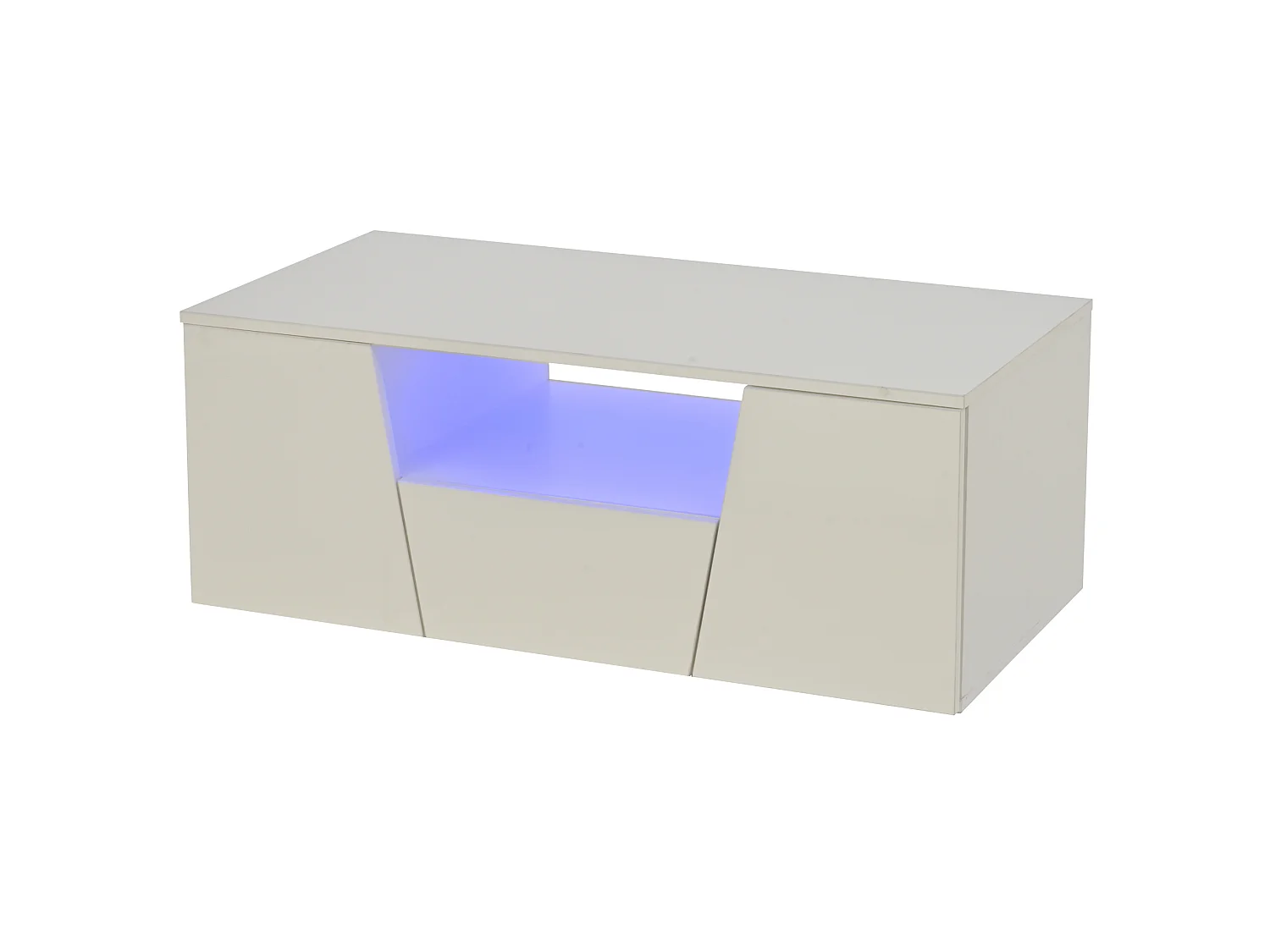 Table basse 100/50/40 cm avec éclairage LED, 2 armoires, 1 tiroir, design irrégulier Panneau de particules blanc