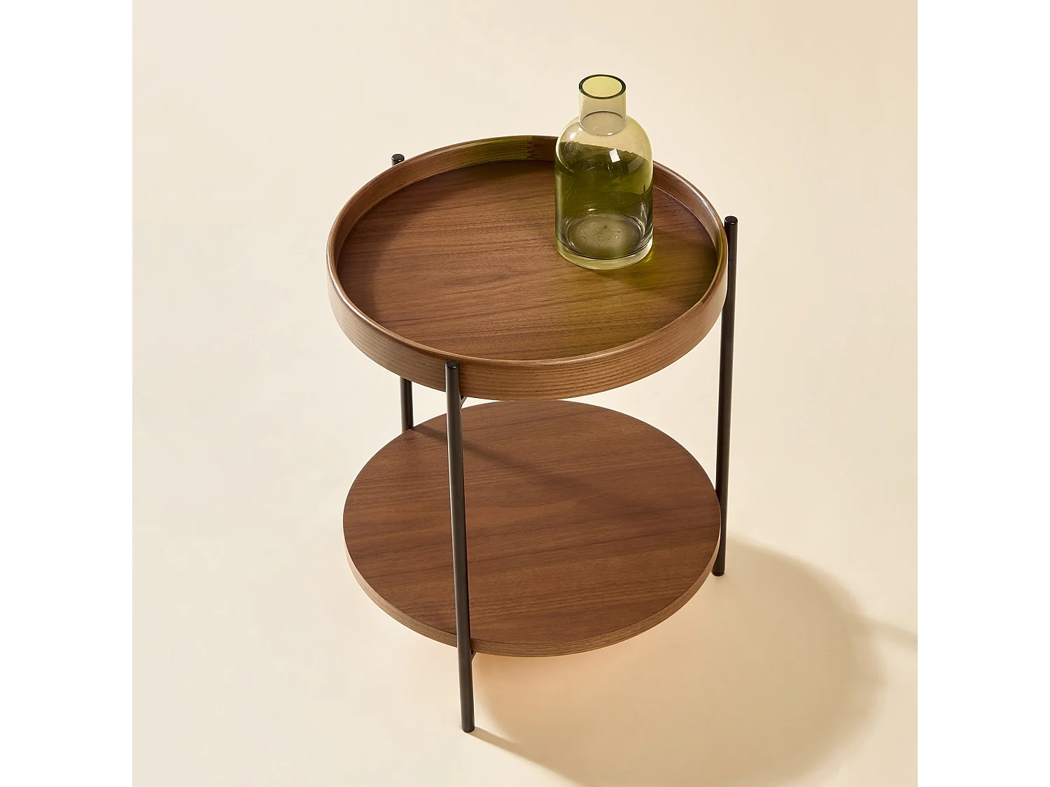 Mesa de centro redonda de madera maciza y MDF en color nogal, 2 niveles, Ø69 x 38 cm