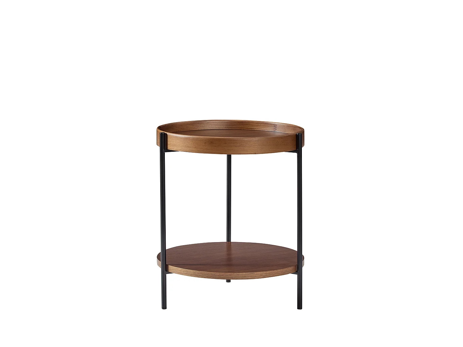 Mesa de centro redonda de madera maciza y MDF en color nogal, 2 niveles, Ø69 x 38 cm