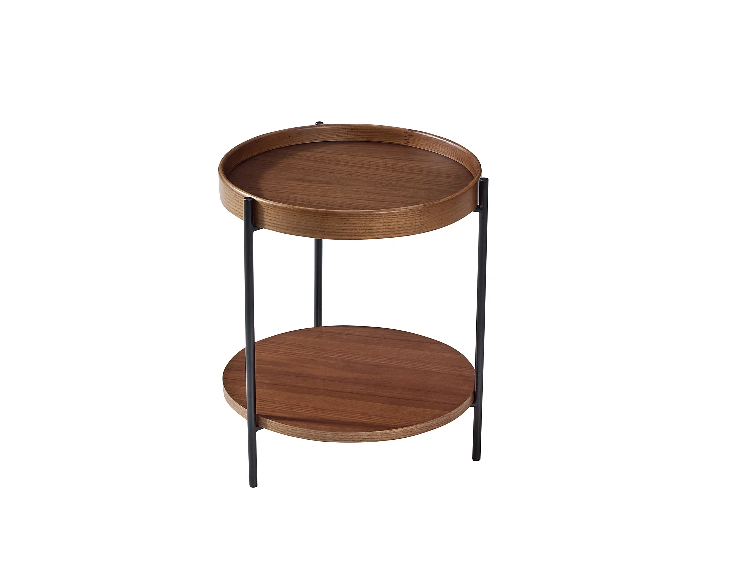 Mesa de centro redonda de madera maciza y MDF en color nogal, 2 niveles, Ø69 x 38 cm