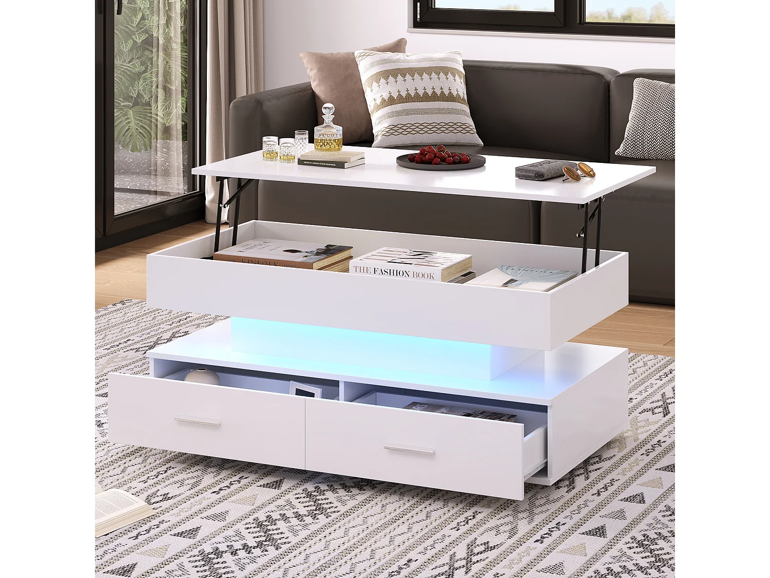Mesa de centro em aglomerado branca 100 x 50 x 44 cm, elevável, com LED e arrumação