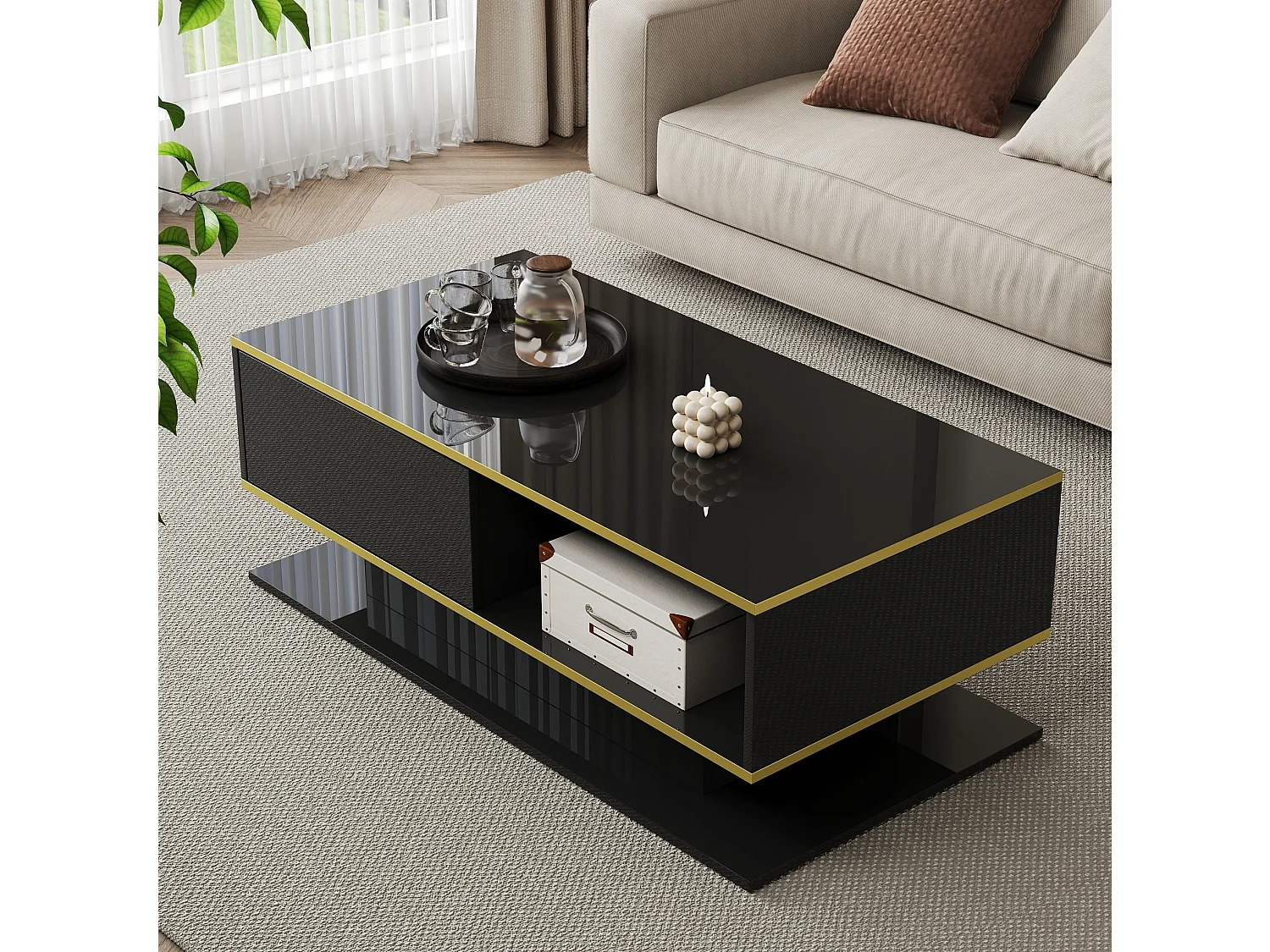 Table basse 100/50/40 cm avec éclairage LED, 3 tiroirs et niche Panneaux de particules noir et doré