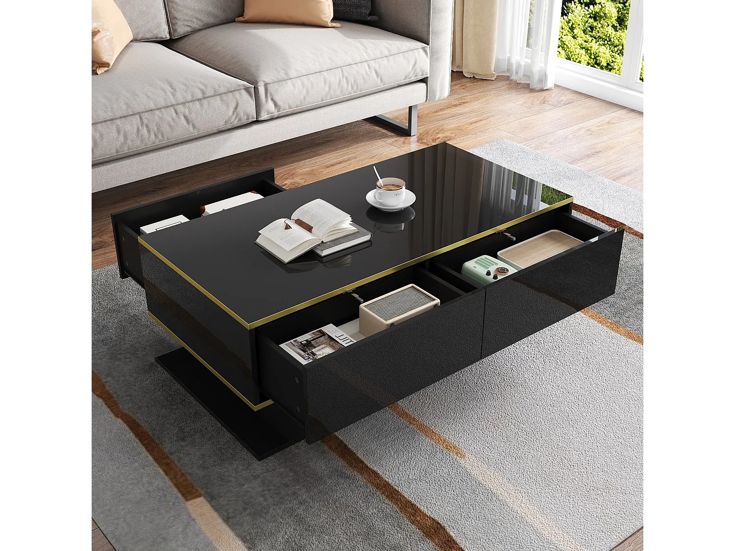 Table basse 100/50/40 cm avec éclairage LED, 3 tiroirs et niche Panneaux de particules noir et doré