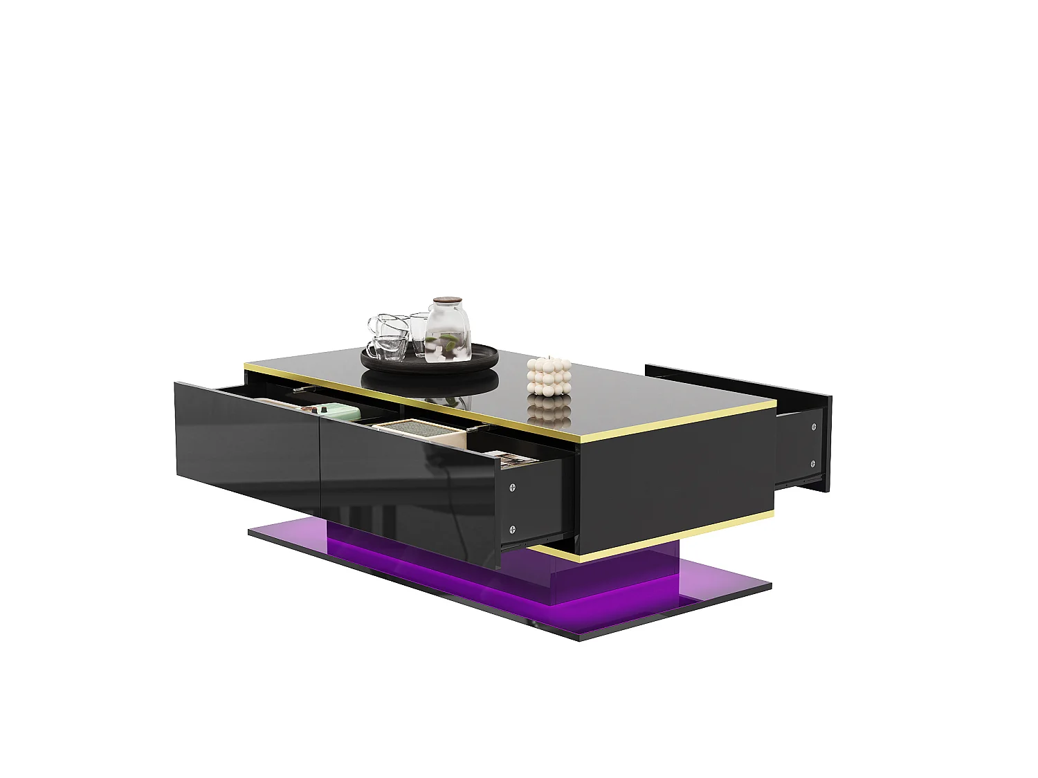 Table basse 100/50/40 cm avec éclairage LED, 3 tiroirs et niche Panneaux de particules noir et doré